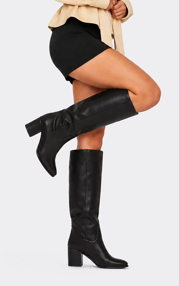 Wide Fit Lettie Block Heel Knee High Long Boot In Black Faux Leather