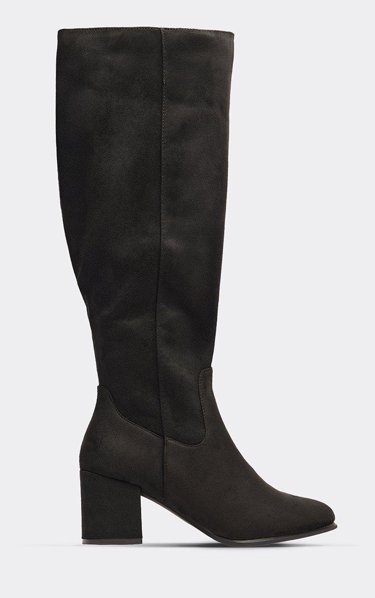 Wide Fit Lettie Block Heel Knee High Long Boot In Black Faux Suede