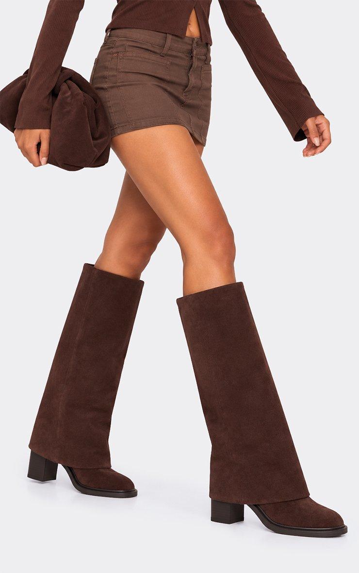Angola Layered Knee High Chunky Heeled Boot In Brown Faux Suede.