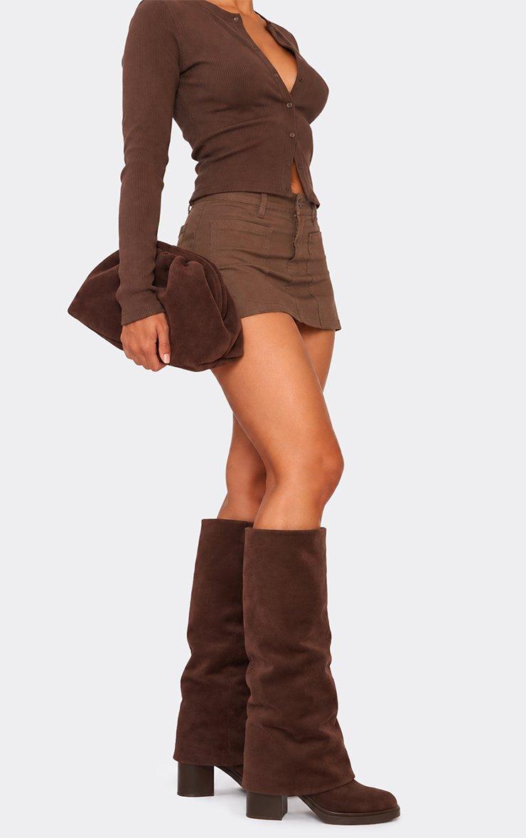 Angola Layered Knee High Chunky Heeled Boot In Brown Faux Suede.