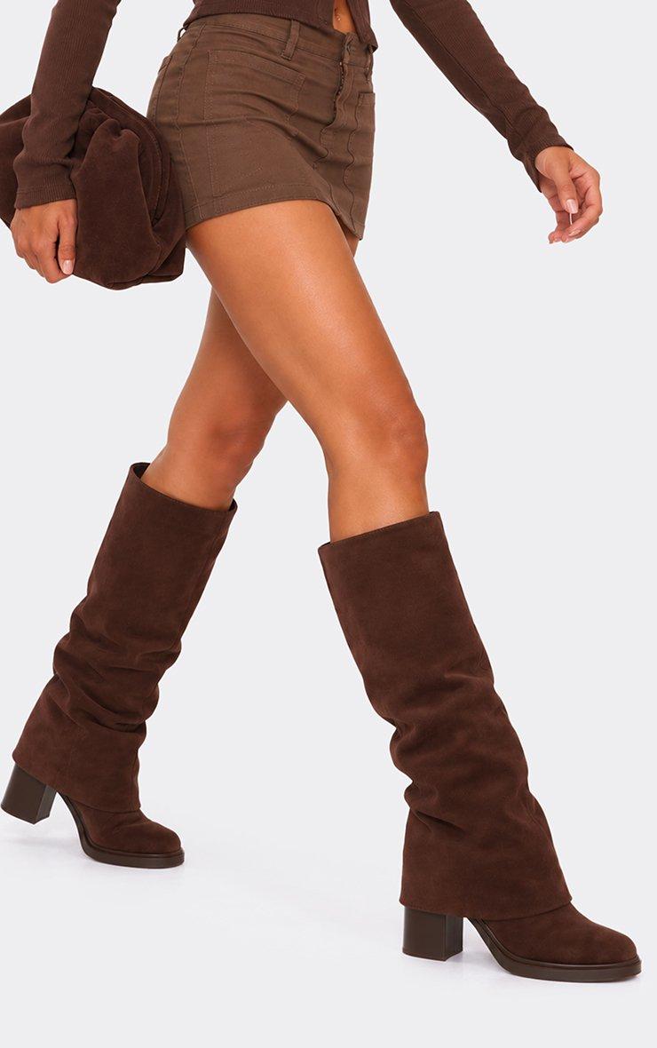 Angola Layered Knee High Chunky Heeled Boot In Brown Faux Suede.