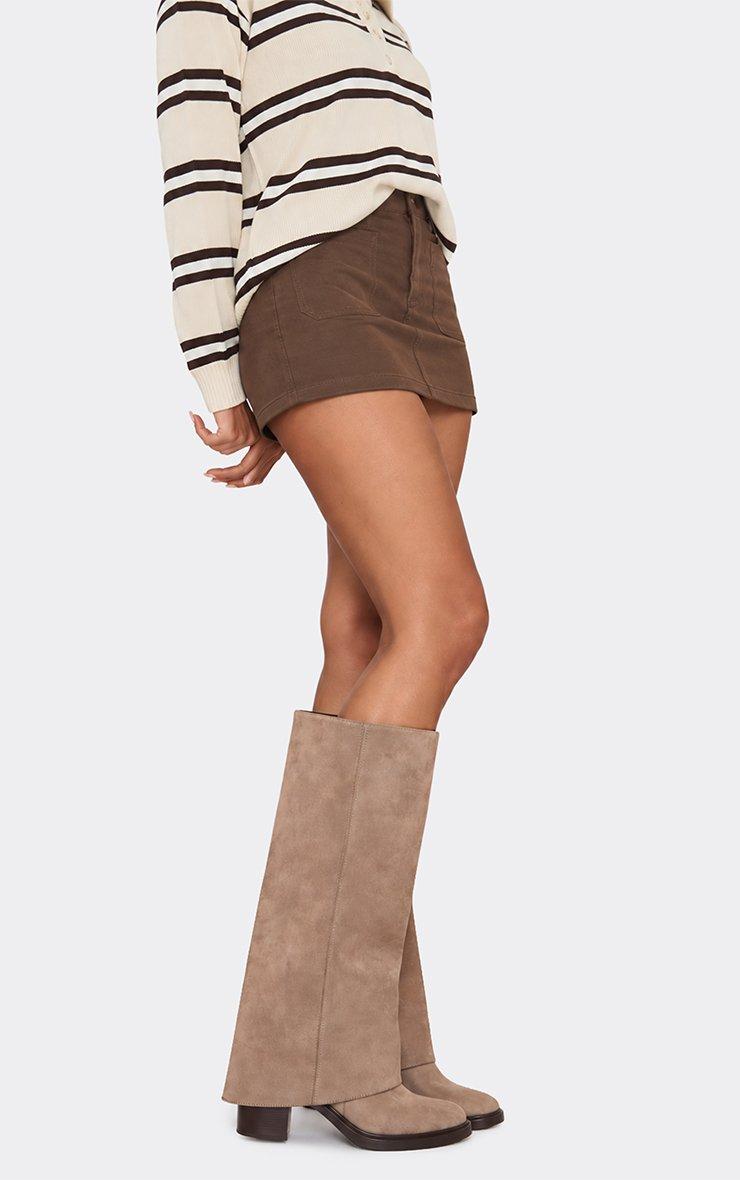 Angola Layered Knee High Chunky Heeled Boot In Taupe Faux Suede.