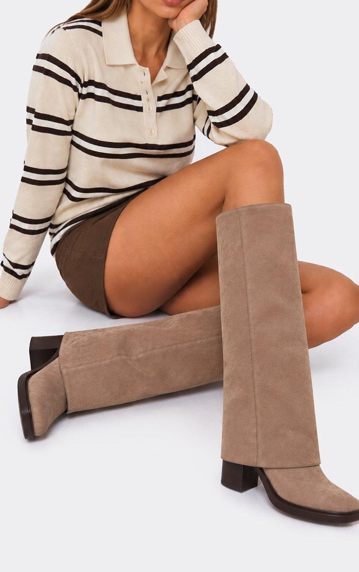 Angola Layered Knee High Chunky Heeled Boot In Taupe Faux Suede.