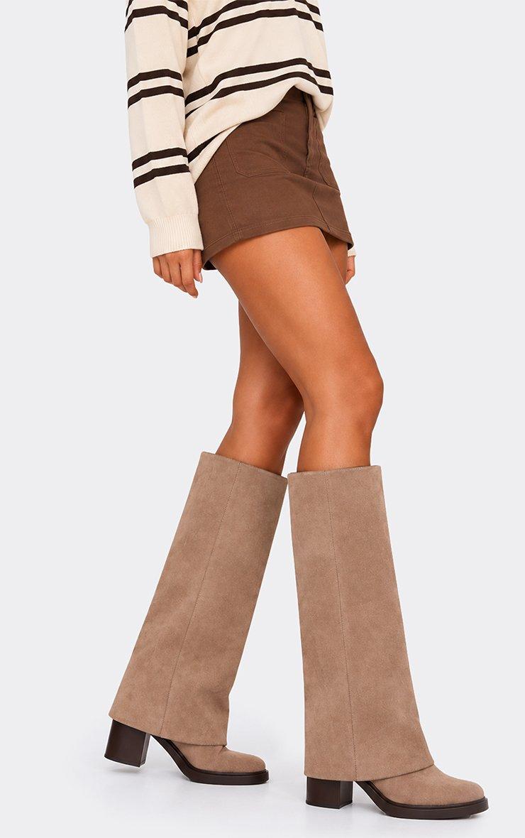 Angola Layered Knee High Chunky Heeled Boot In Taupe Faux Suede