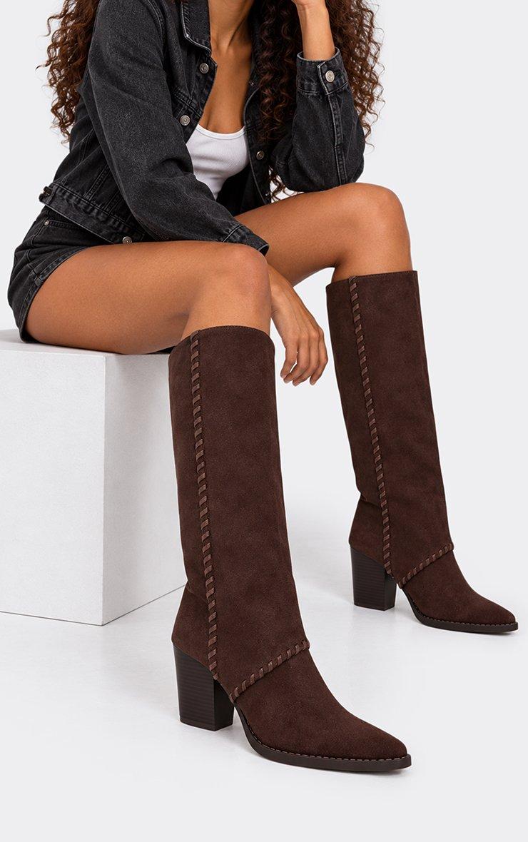 Seri Woven Trim Detail Pointed Toe Knee High Heeled Boot In Brown Faux Suede.