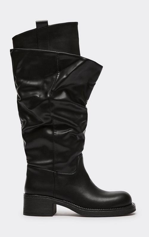 Jamming Zip Buckle Zip Detail Knee High Biker Boot In Black Faux