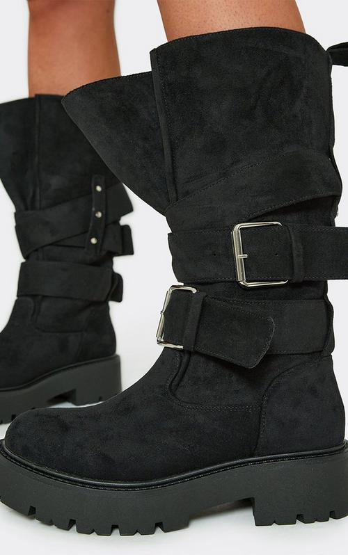 Nikki Double Buckle Zip Detail Layered Knee High Biker Boot In