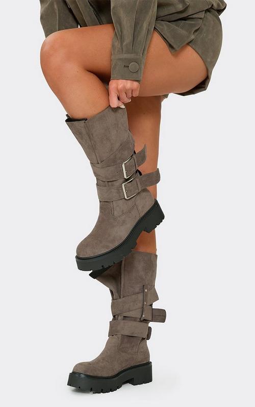 Nikki Double Buckle Zip Detail Layered Knee High Biker Boot In