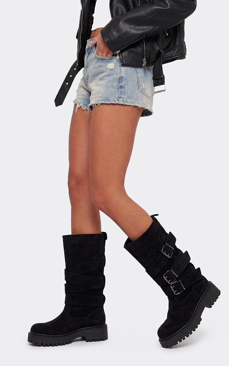 Tiria Buckle Detail Mid Calf Biker Boot In Black Faux Suede