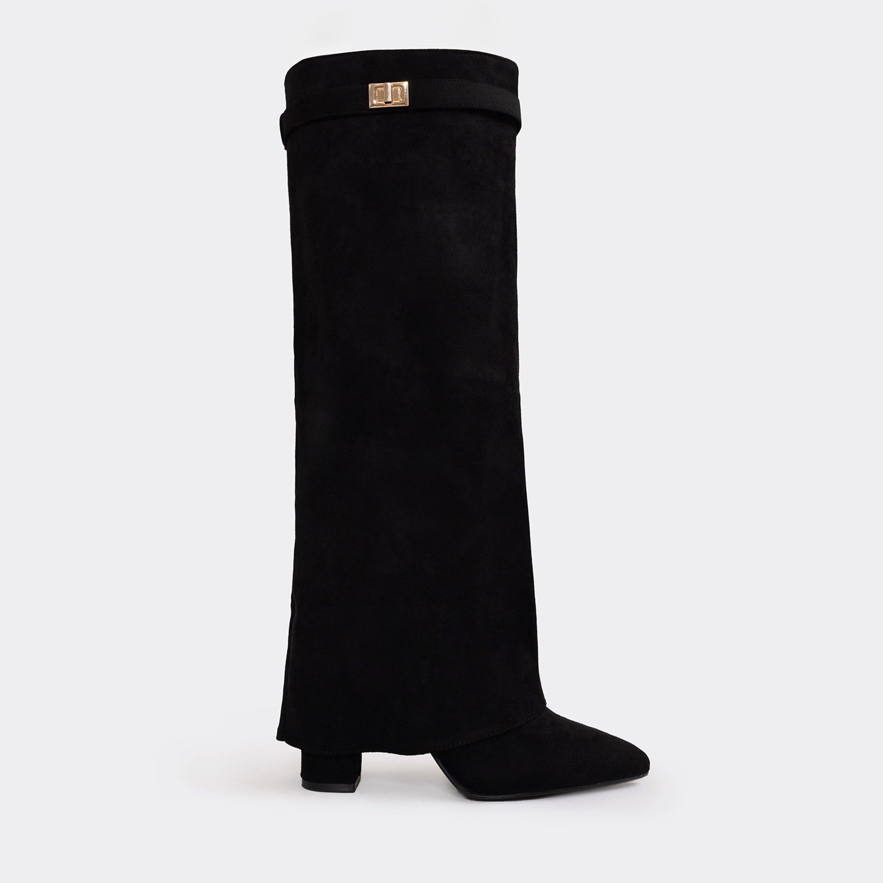 Magic Layered Lock Detail Pointed Toe Block Heel Knee High Boot In Black Faux Suede, Women’s