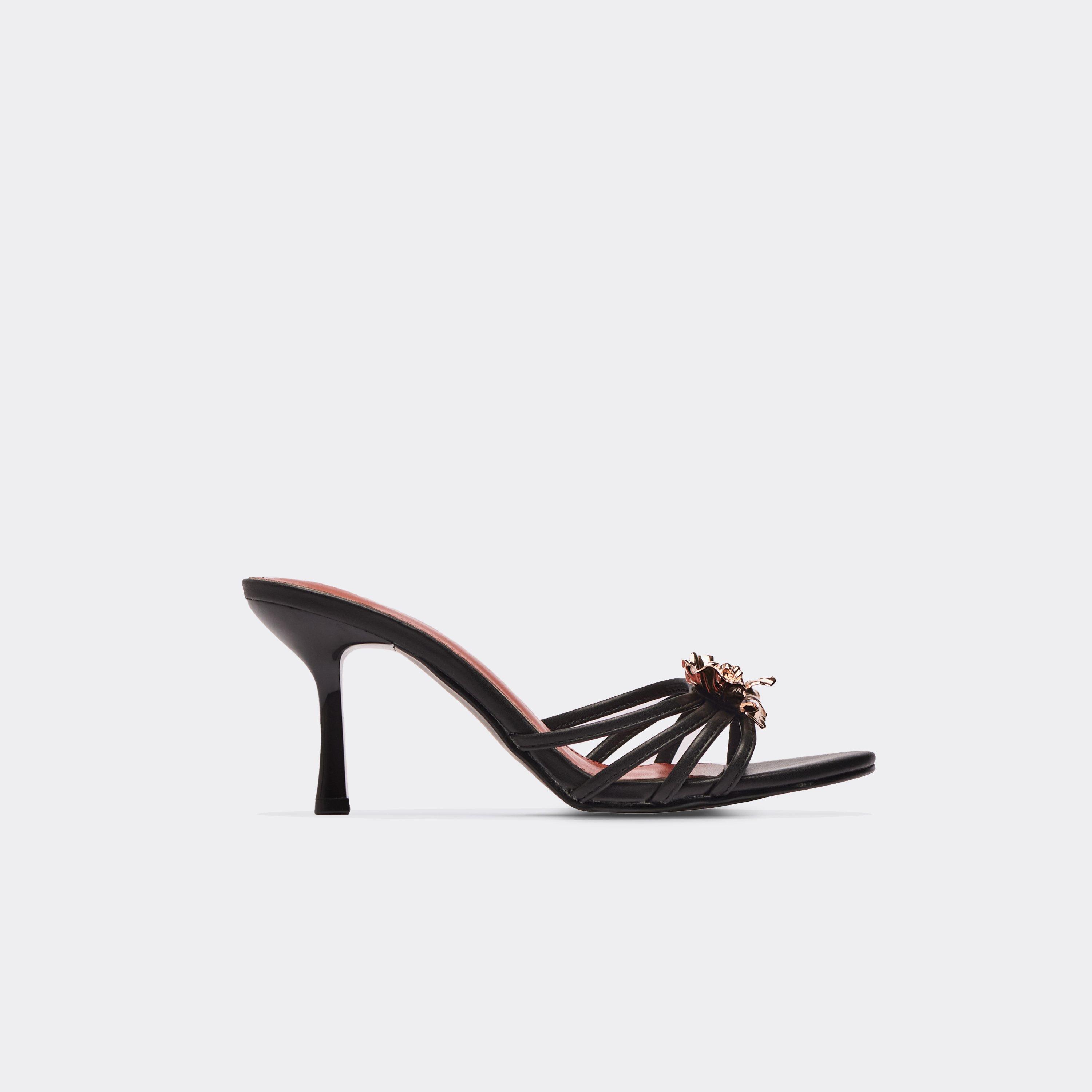 Marlon Flower Detail Strappy Heeled Mule In Black Faux Leather, Women’s