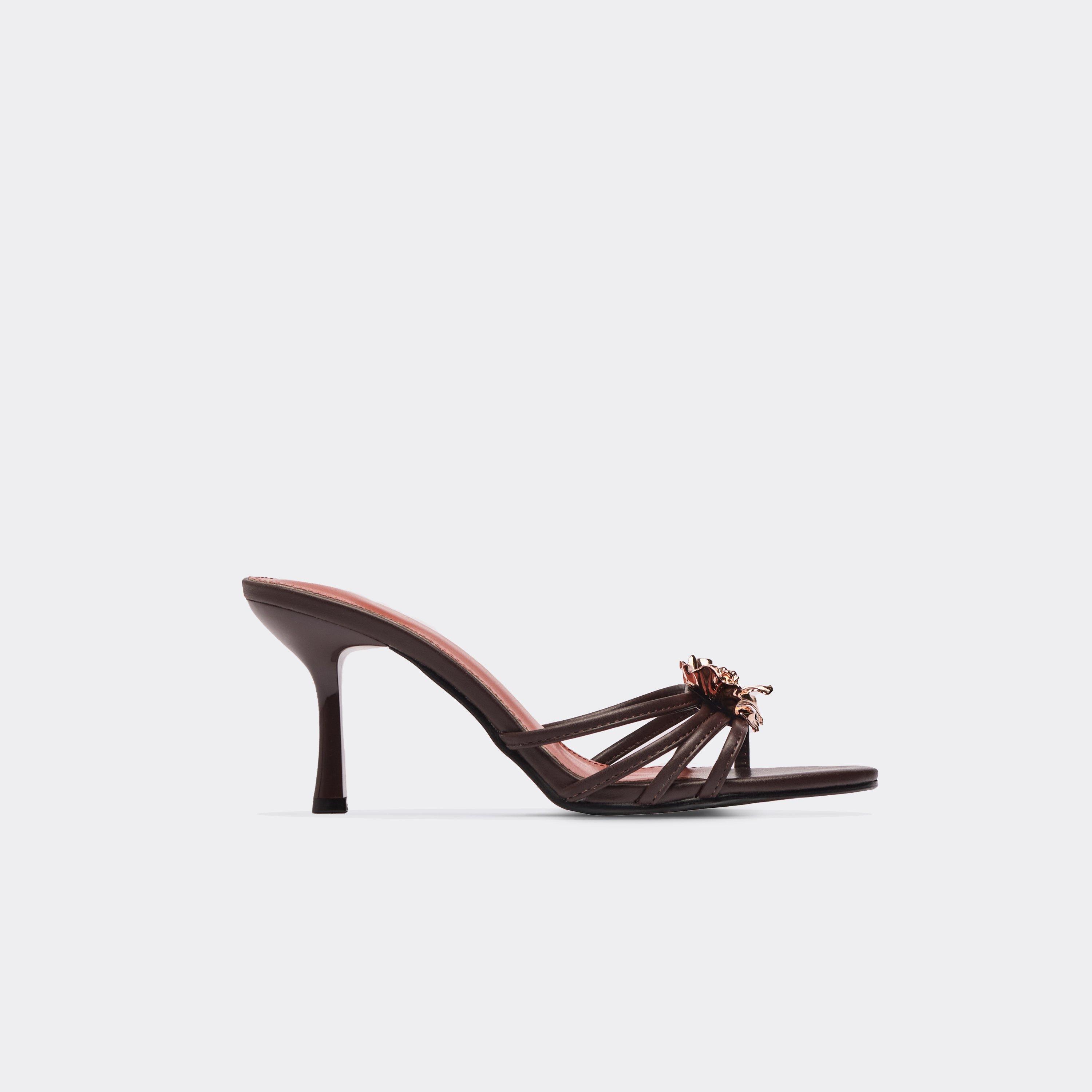 Marlon Flower Detail Strappy Heeled Mule In Brown Faux Leather, Women’s