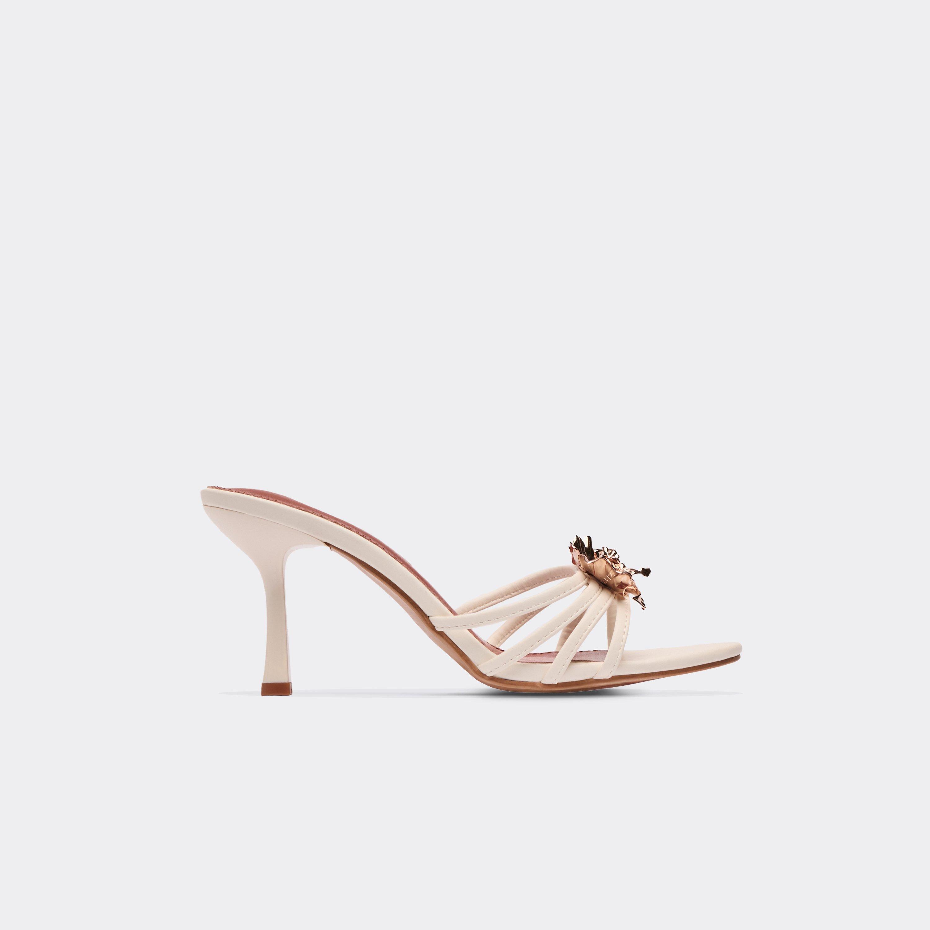 Marlon Flower Detail Strappy Heeled Mule In White Faux Leather, Women’s