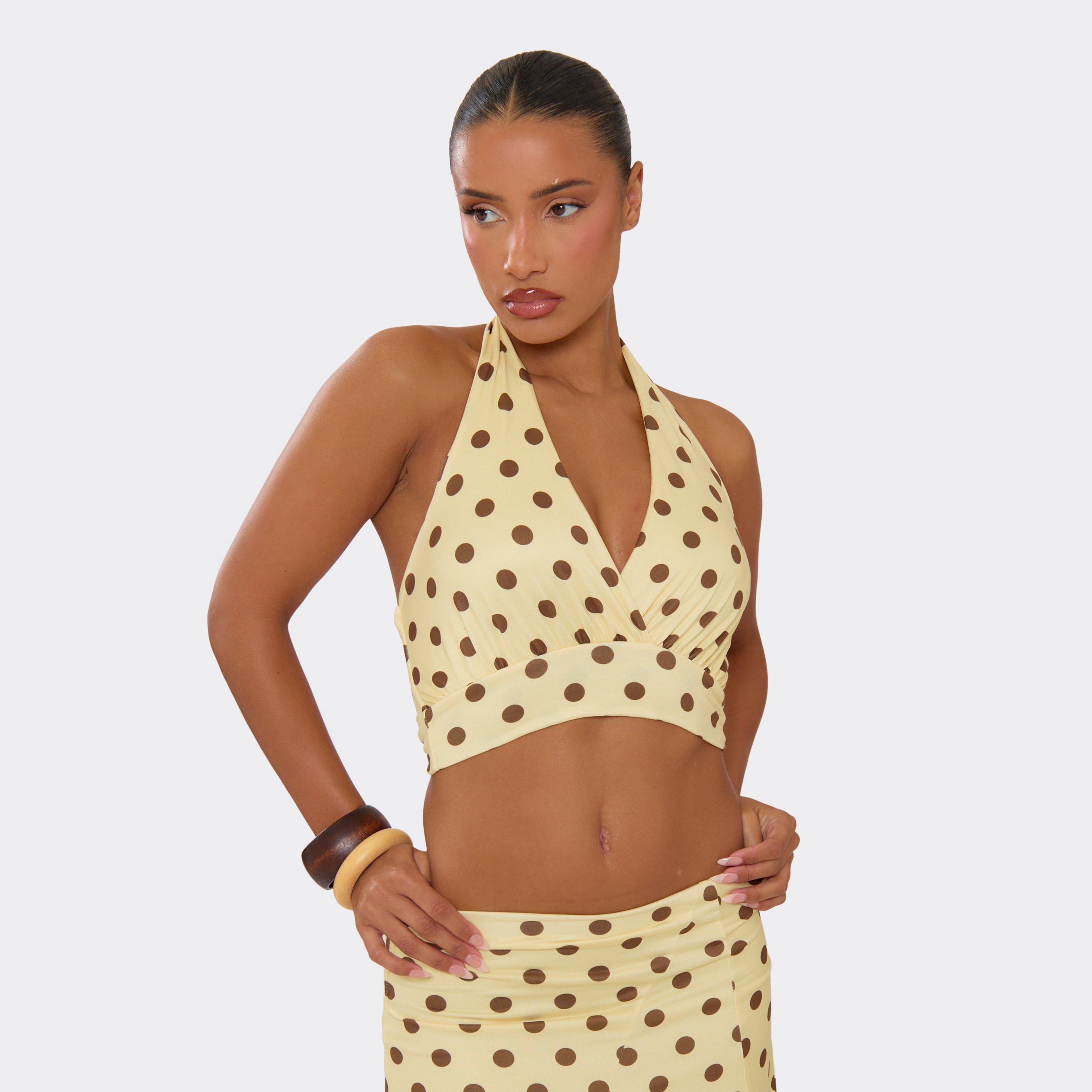 Image of Halterneck Plunge Front Crop Top In Lemon Polka Dot Print, Women's Size UK L