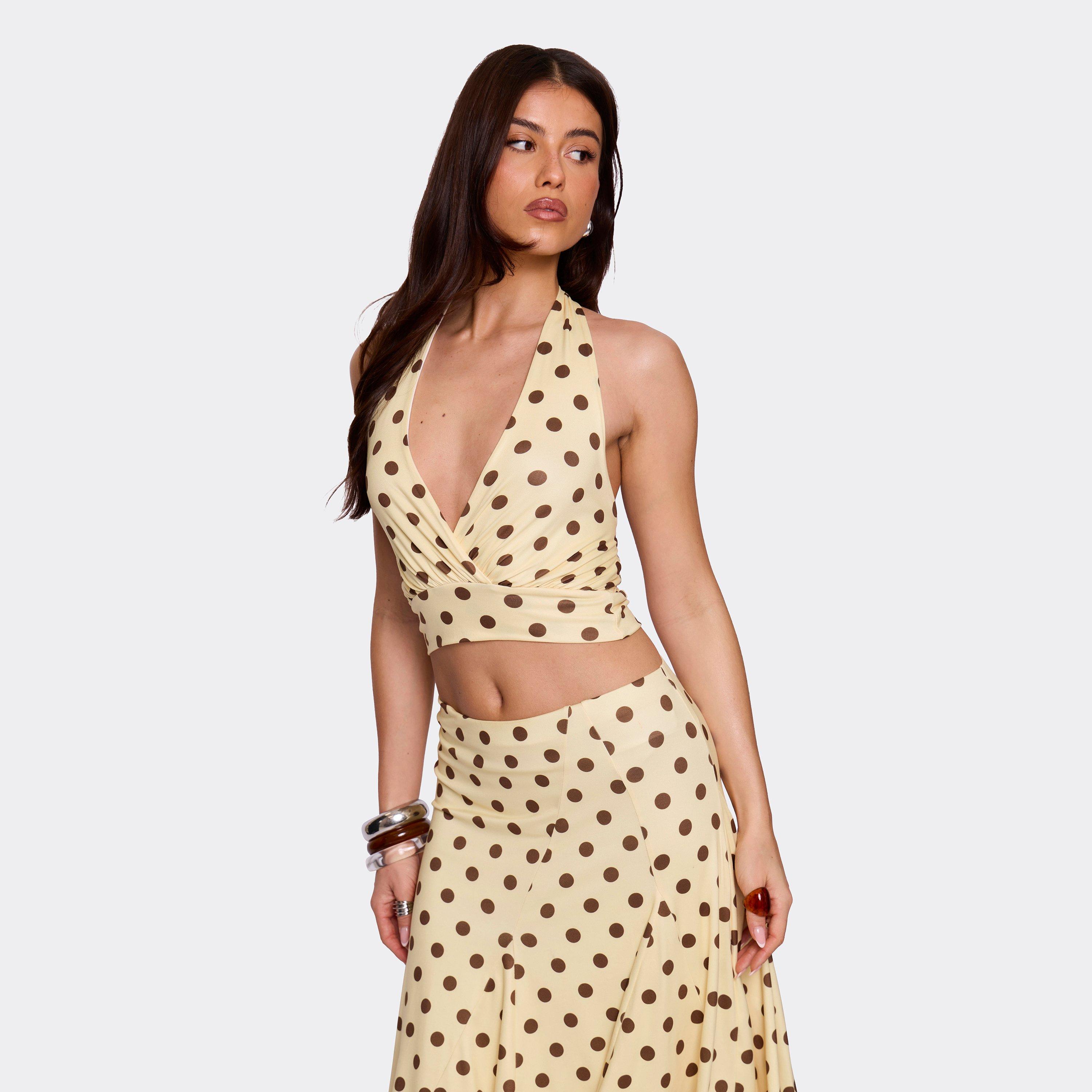 Image of Halterneck Plunge Front Crop Top In Lemon Polka Dot Print, Women's Size UK L