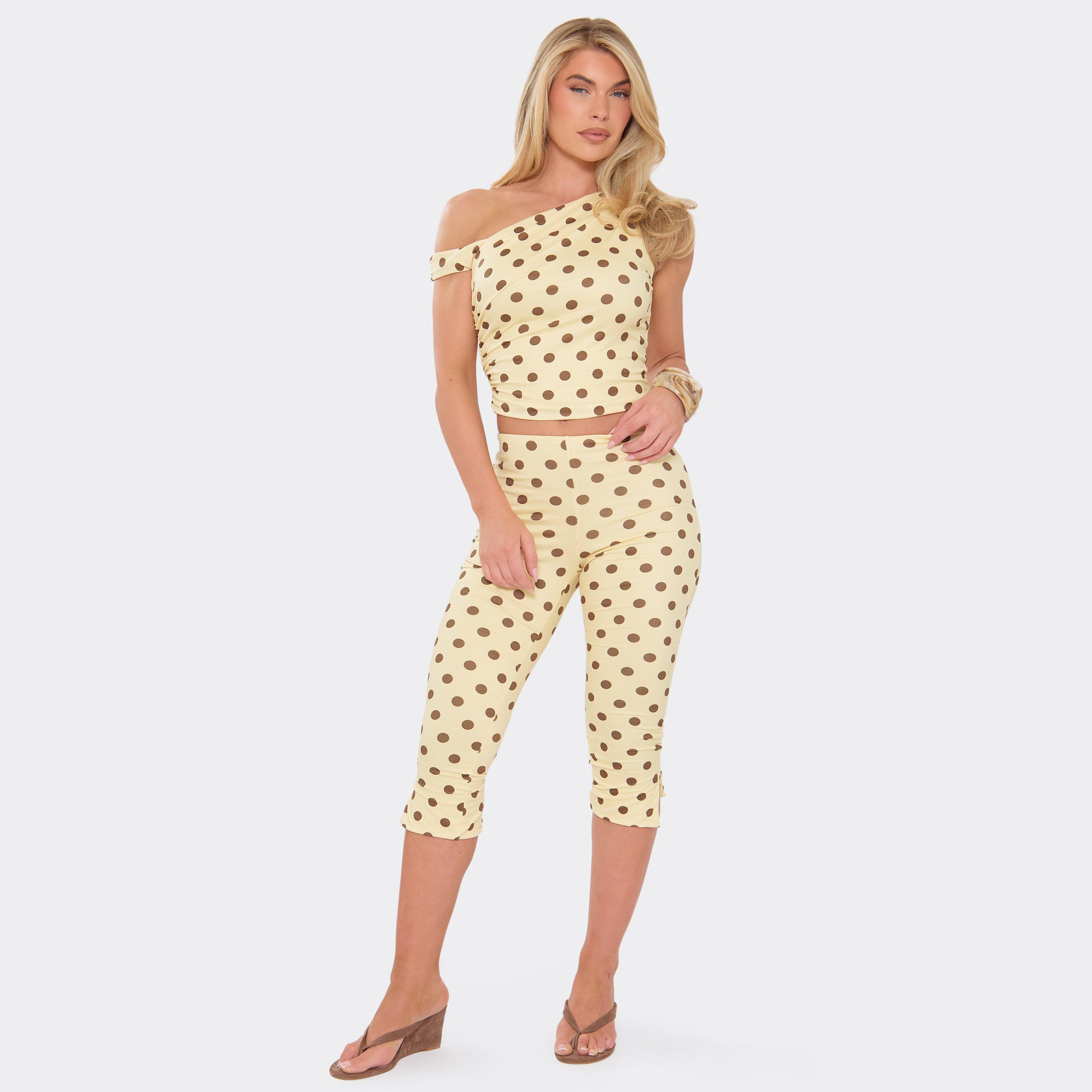 Image of Capri Trousers In Lemon Polka Dot Print, Women's Size UK L