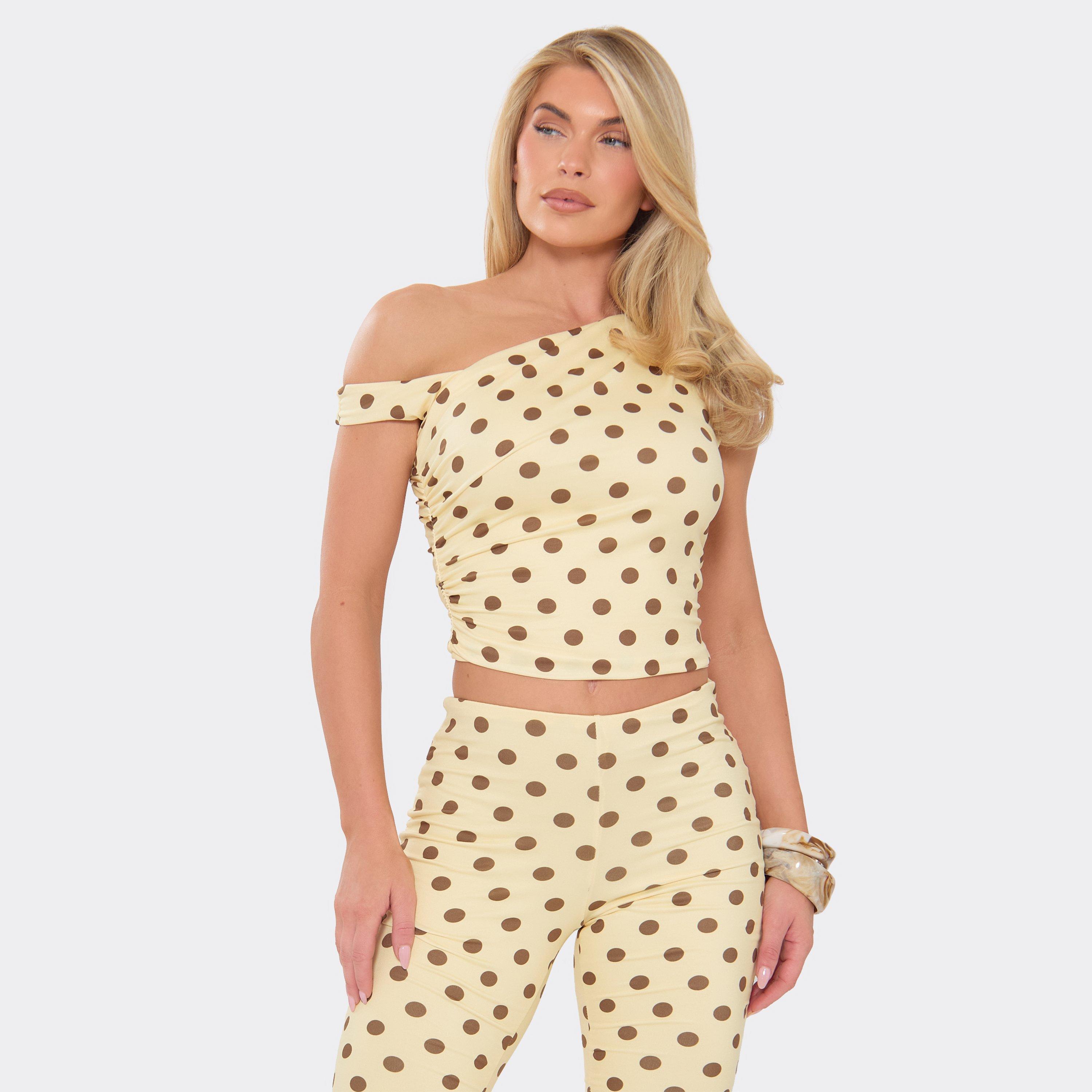 Image of Off The Shoulder Top In Lemon Polka Dot Print, Women's Size UK L
