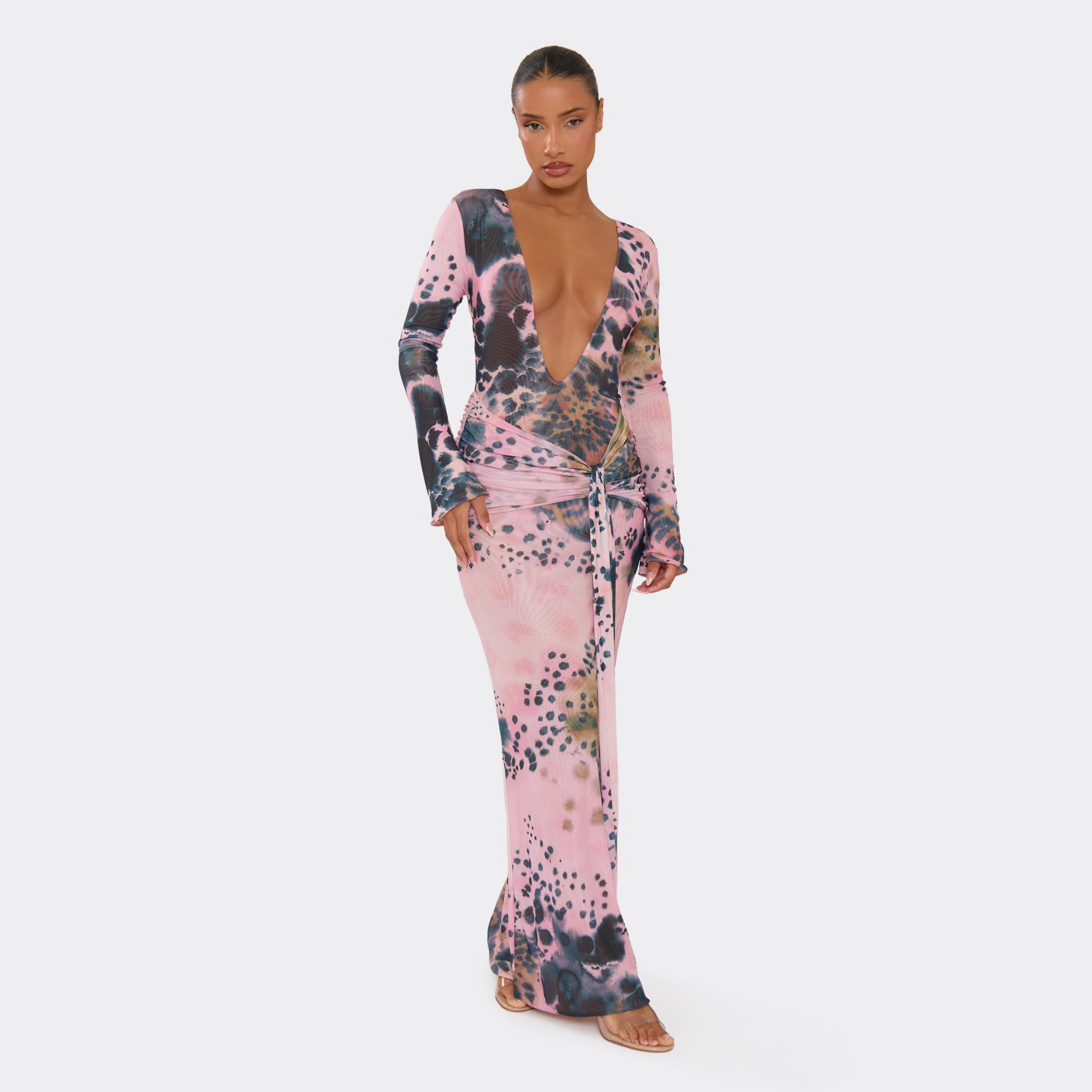 Long Sleeve Plunge Neck Tie Front Maxi Dress In Pink Abstract Print, Women’s