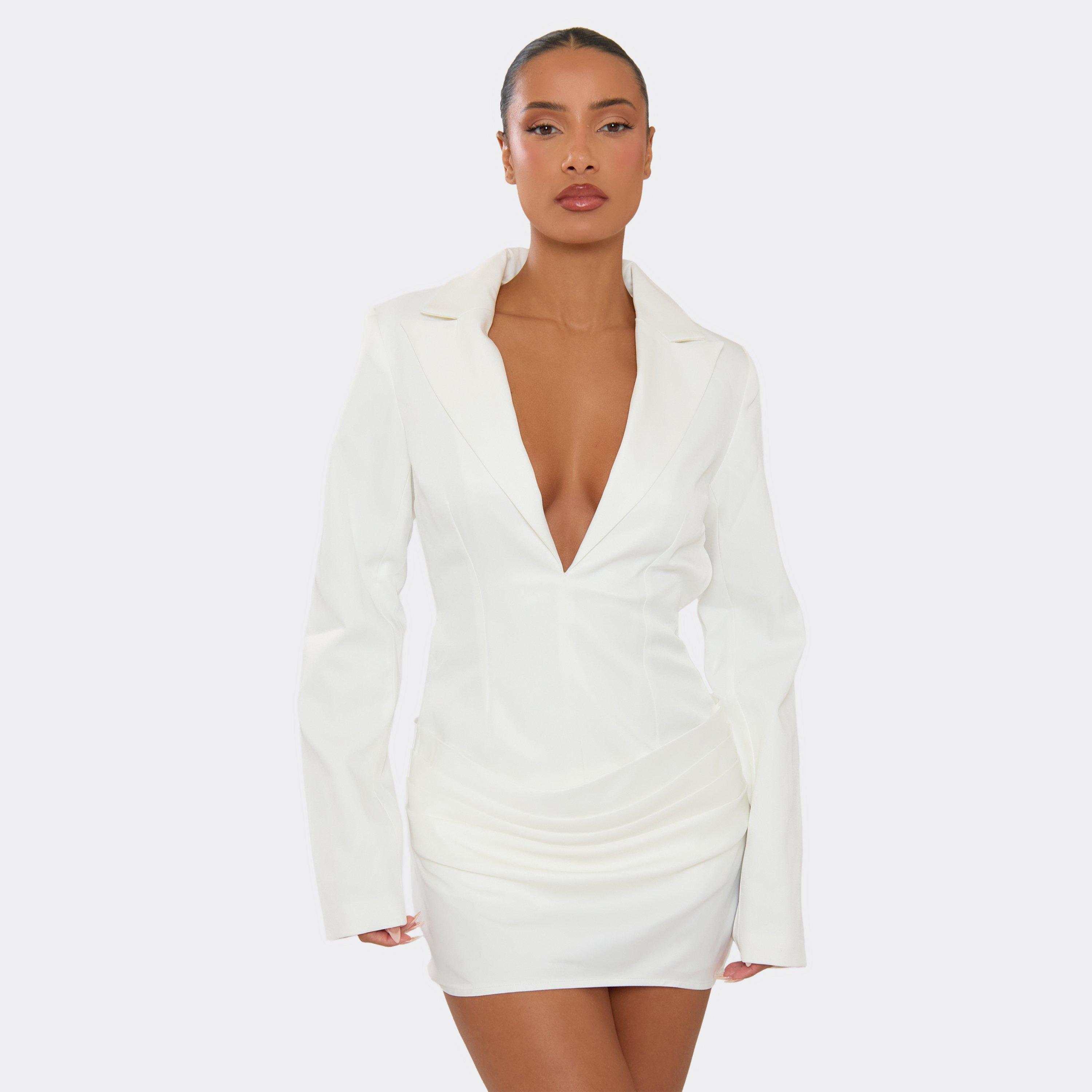 Long Sleeve Plunge Neck Draped Front Mini Blazer Dress In White, Women’s