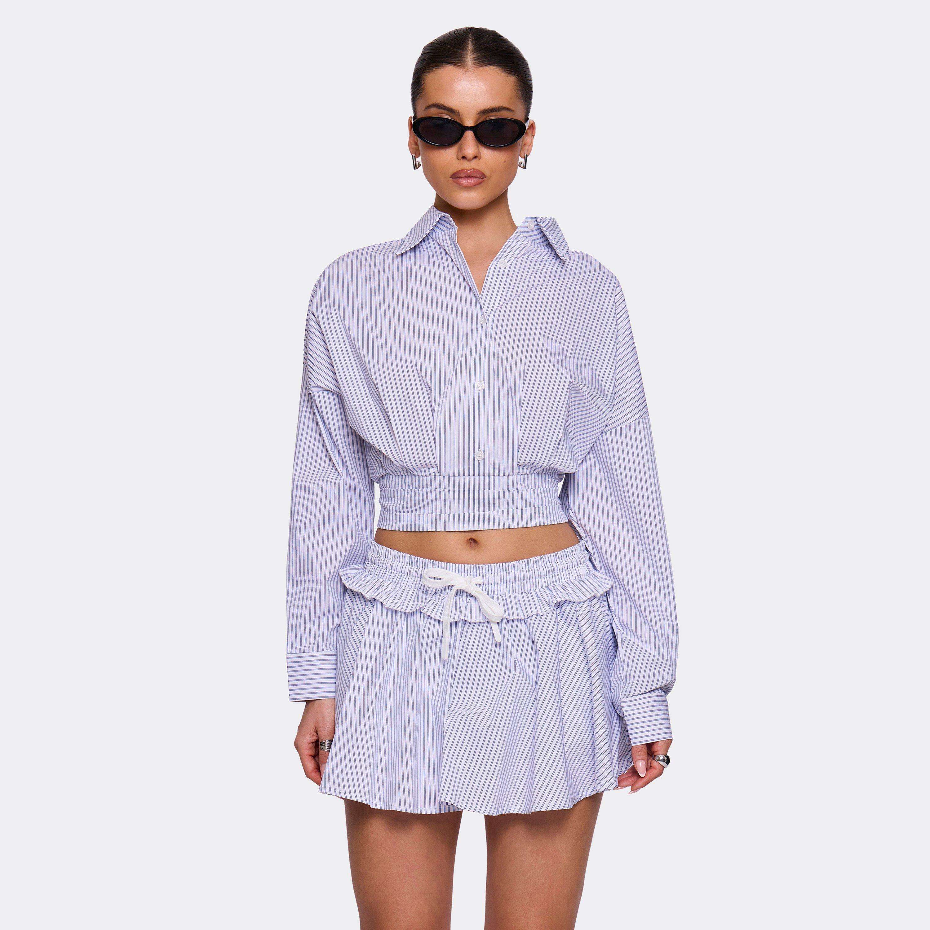 Image of Long Sleeve Button Up Front Cropped Shirt In Blue Pinstripe, Women's Size UK L