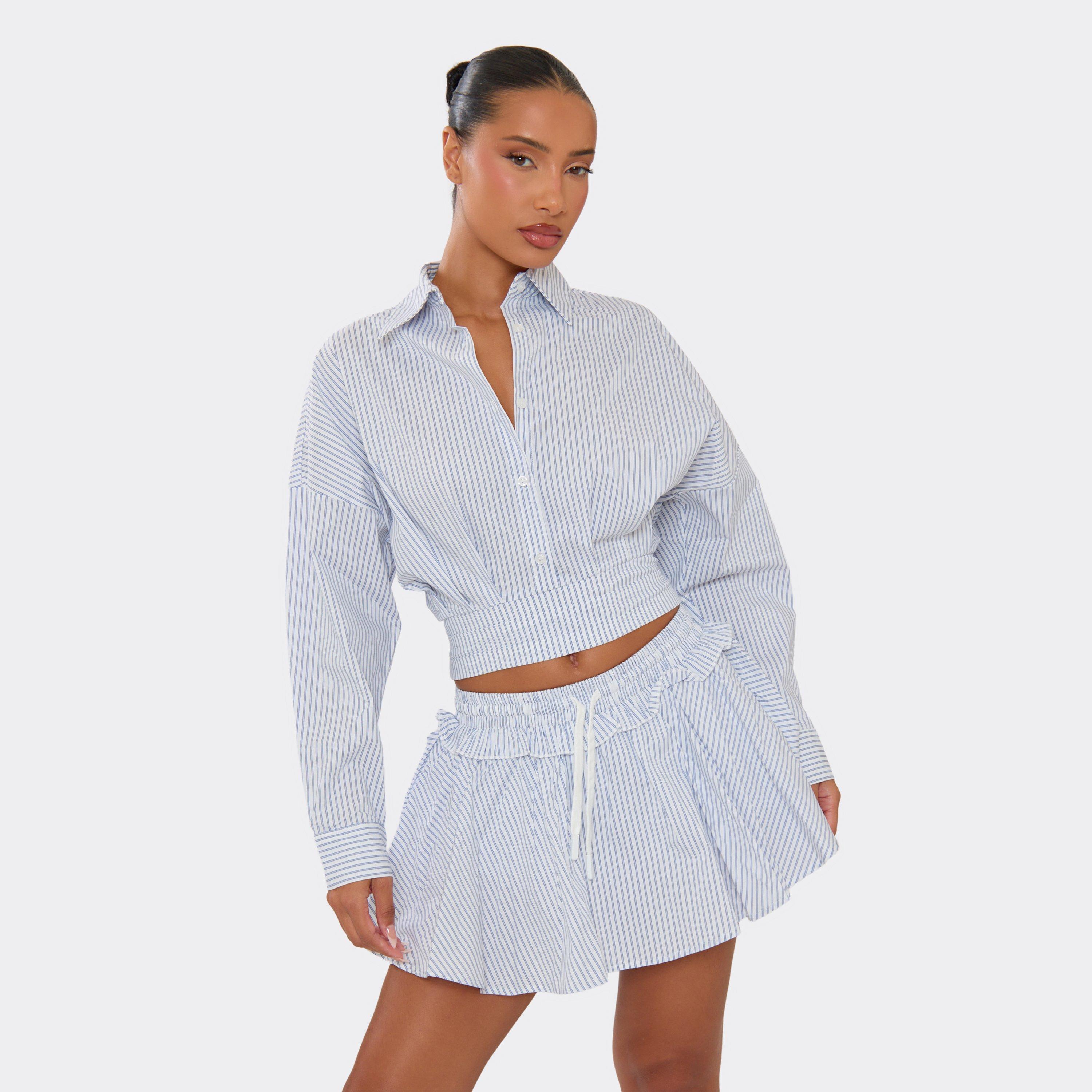 Image of Long Sleeve Button Up Front Cropped Shirt In Blue Pinstripe, Women's Size UK L