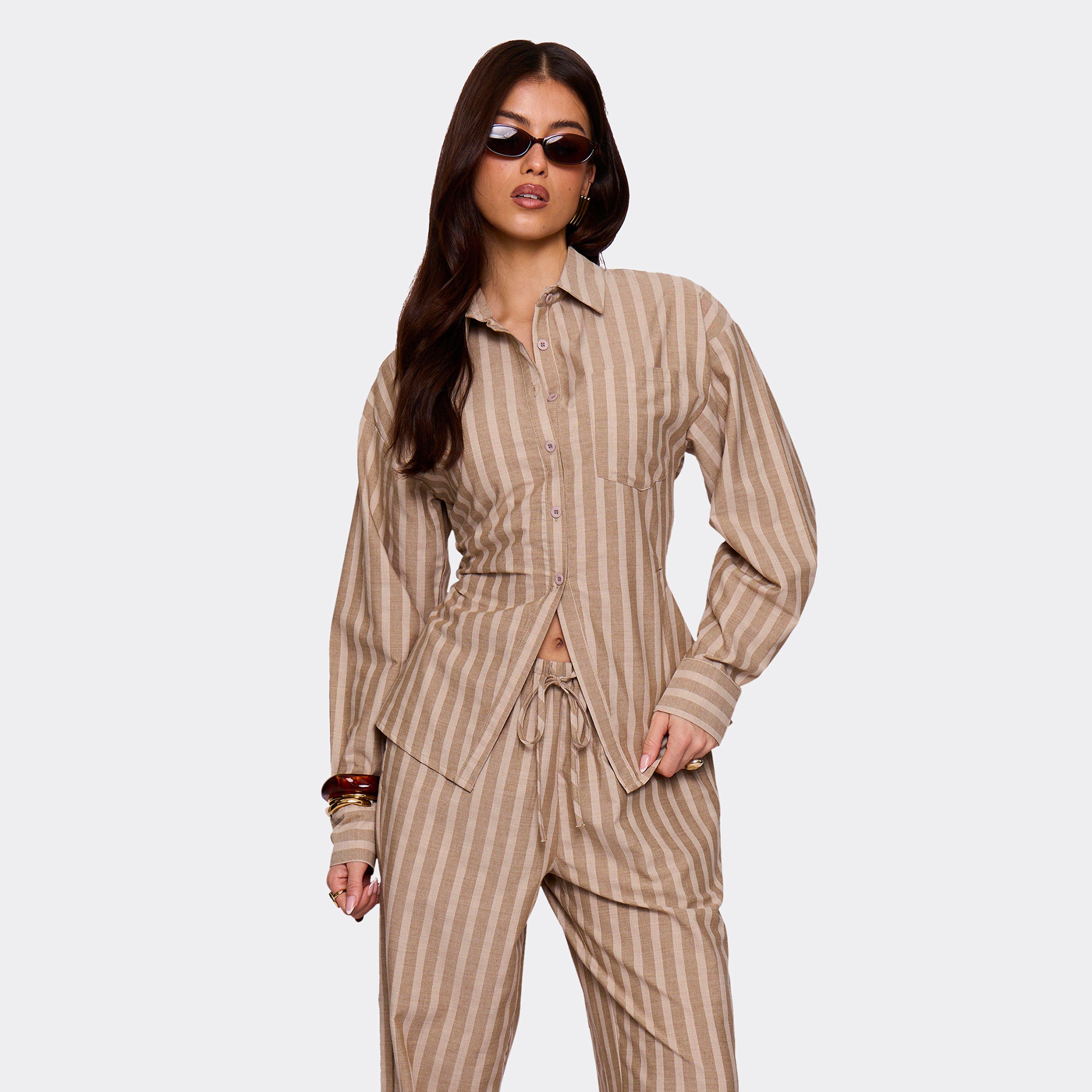 Image of Long Sleeve Button Up Front Cinched Waist Shirt In Brown Stripe, Women's Size UK M