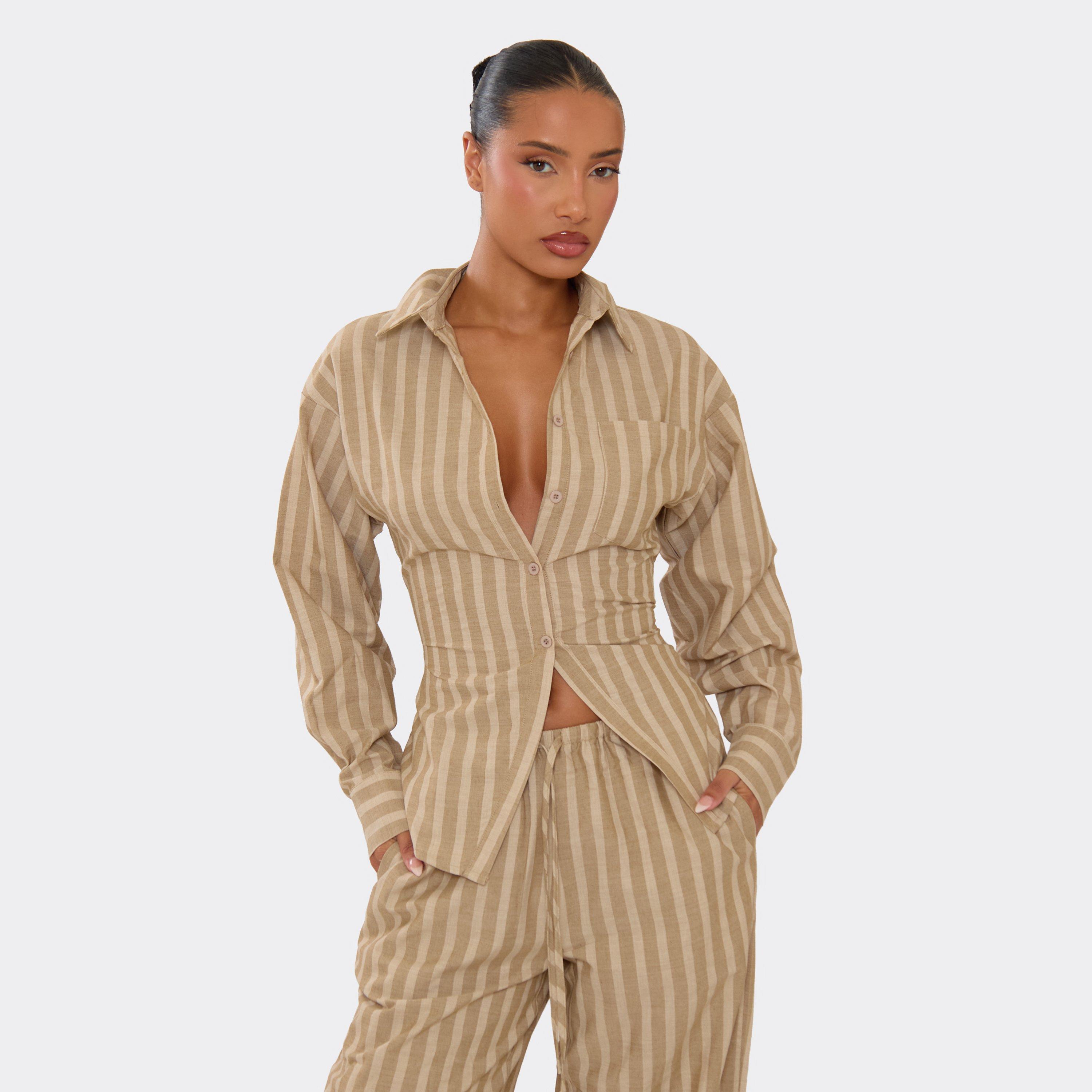 Image of Long Sleeve Button Up Front Cinched Waist Shirt In Brown Stripe, Women's Size UK M