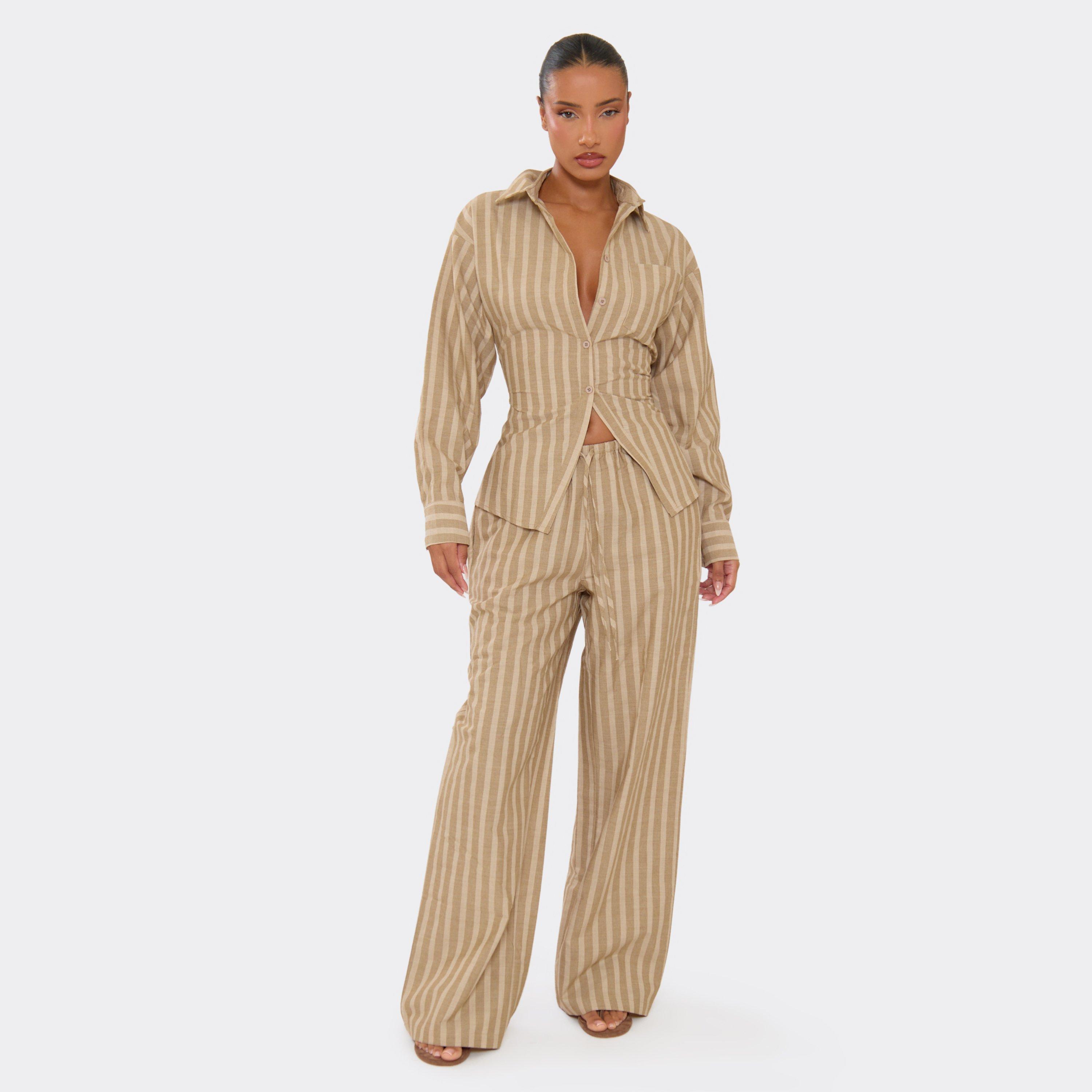 Image of Drawstring Waist Wide Leg Trousers In Brown Stripe, Women's Size UK M