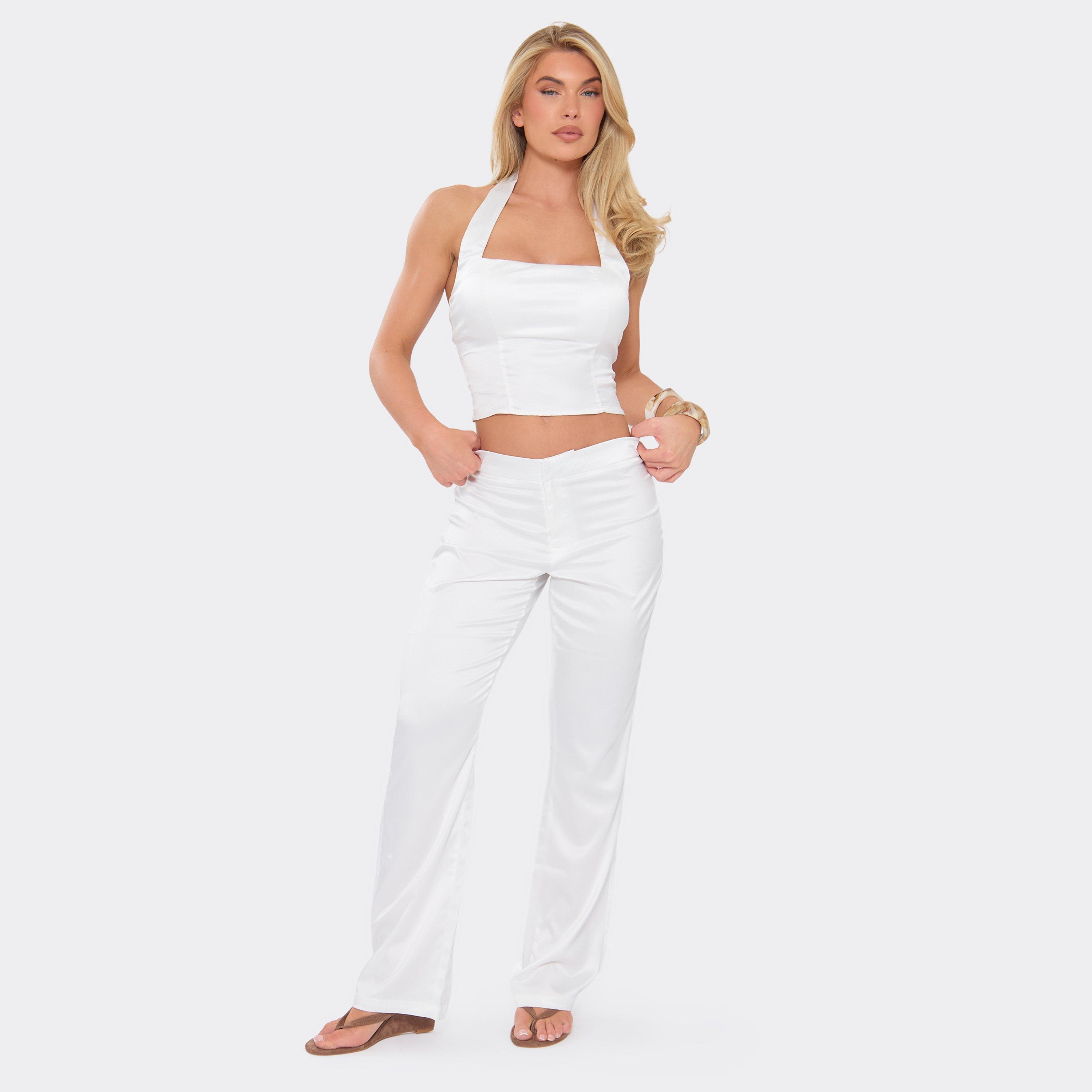 Image of Straight Leg Tailored Trousers In White Satin, Women's