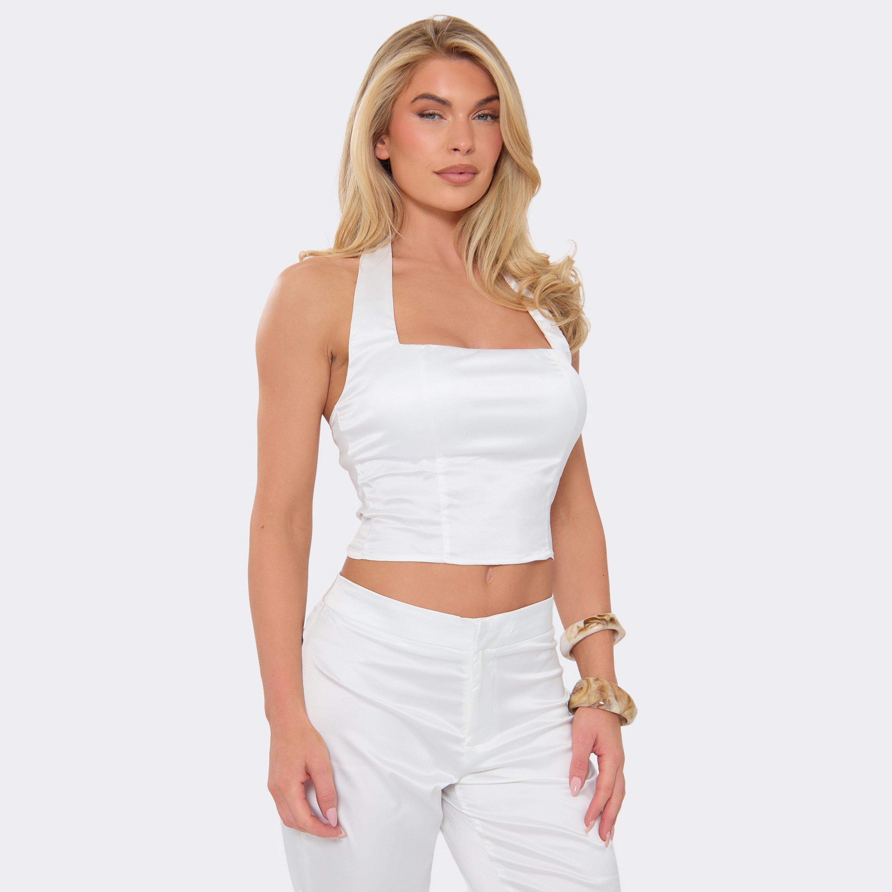 Image of Square Halterneck Top In White Satin, Women's