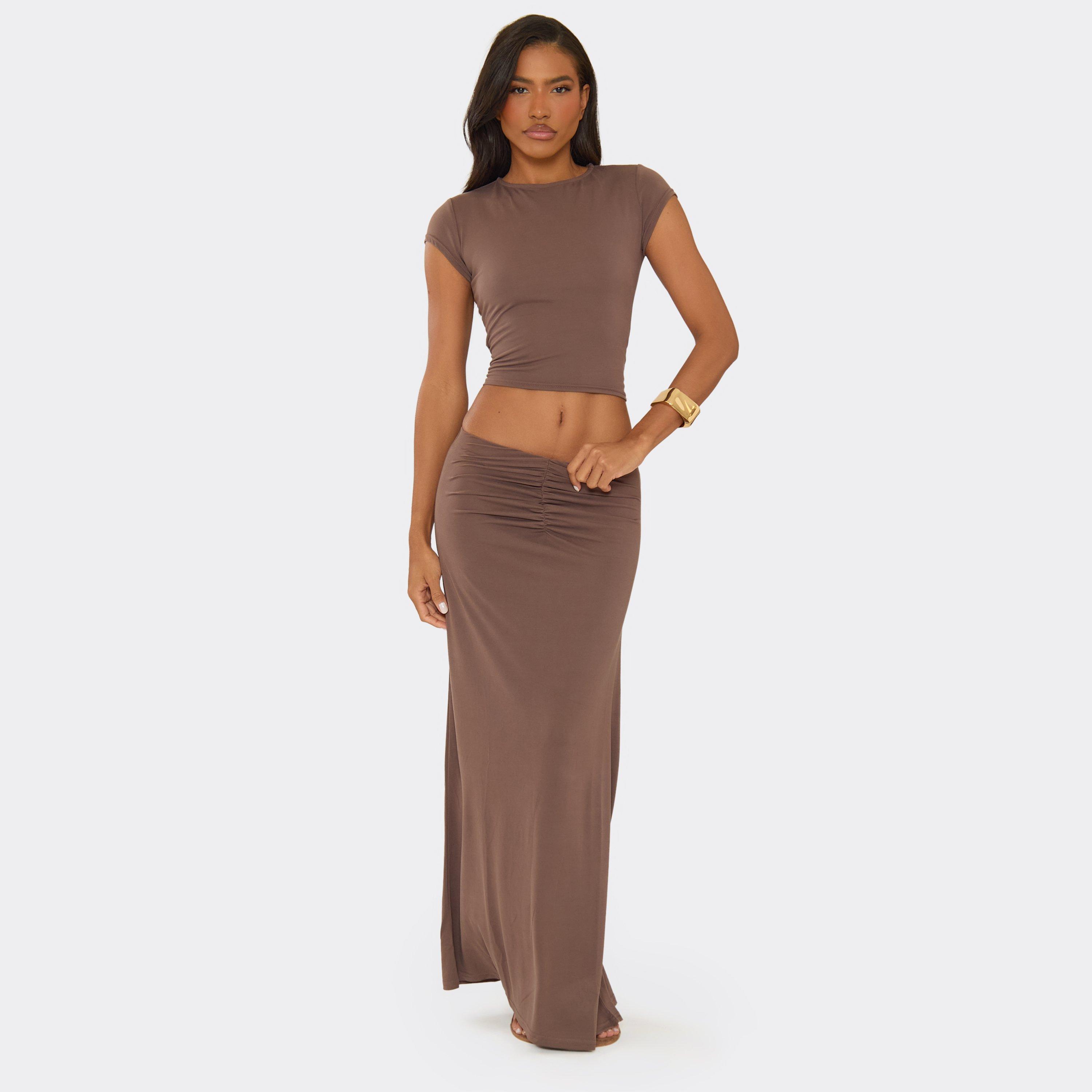 Mid Rise Ruched Front Maxi Skirt In Taupe Modal, Women’s