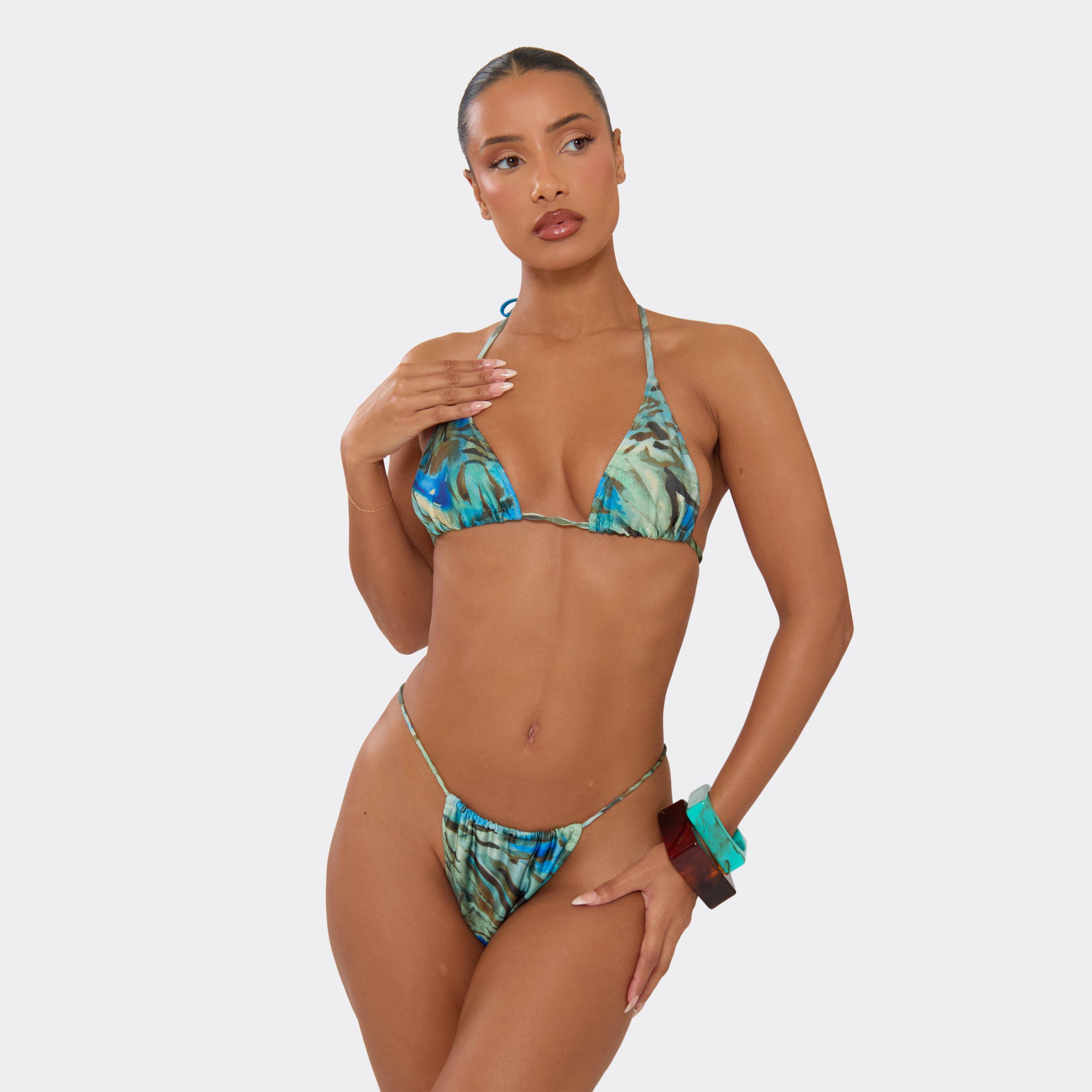 Image of Triangle Bikini Top In Blue Abstract Print, Women's Size UK L