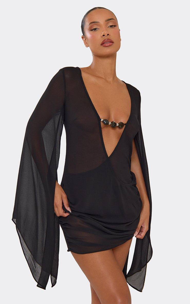 little black dress with mesh sleeves Long Sleeve Contrast Frill Hem Mini In | EGO US Above Knee Long Flared Sleeve Stone Detail