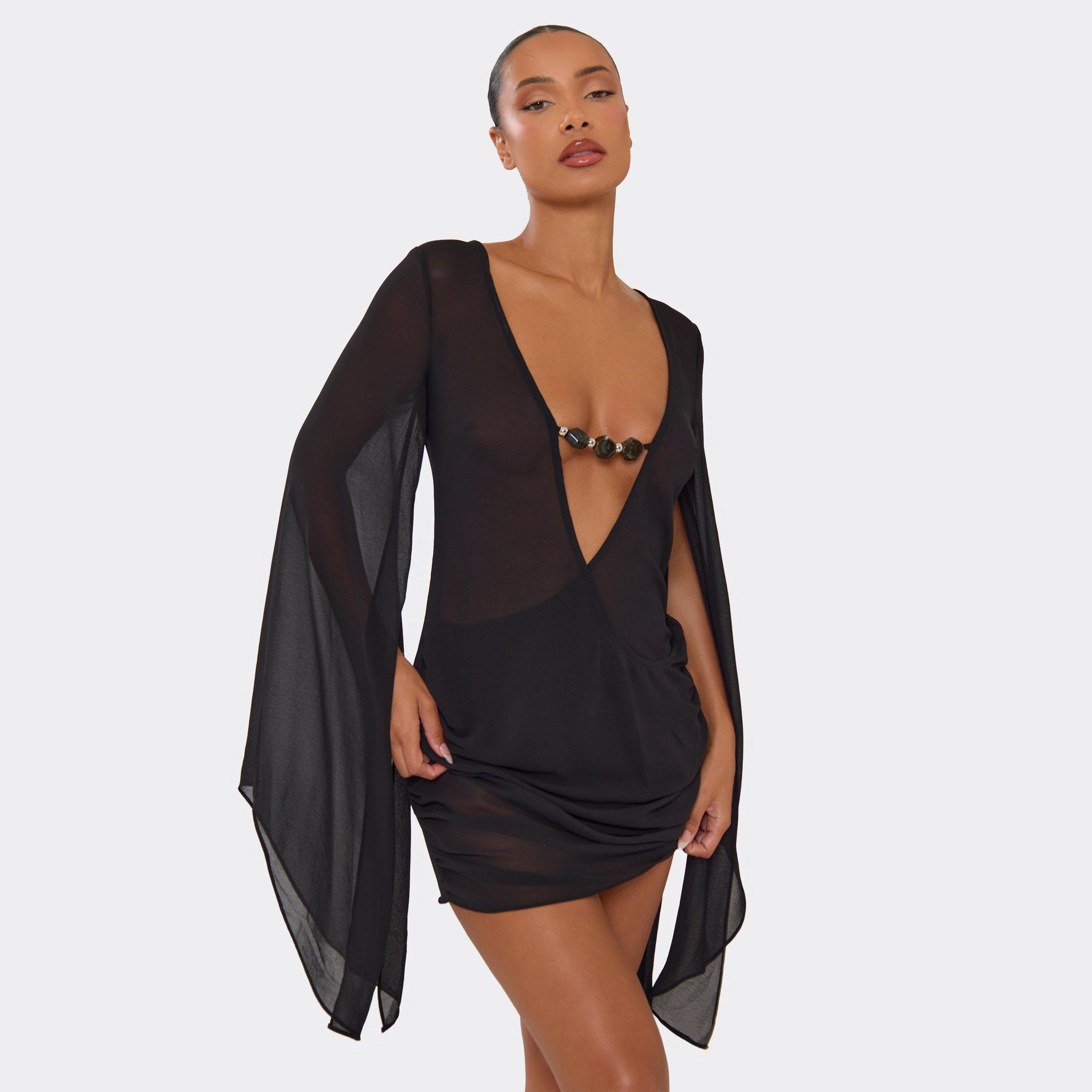 Long Flared Sleeve Stone Detail Mini Dress In Black Mesh, Women’s