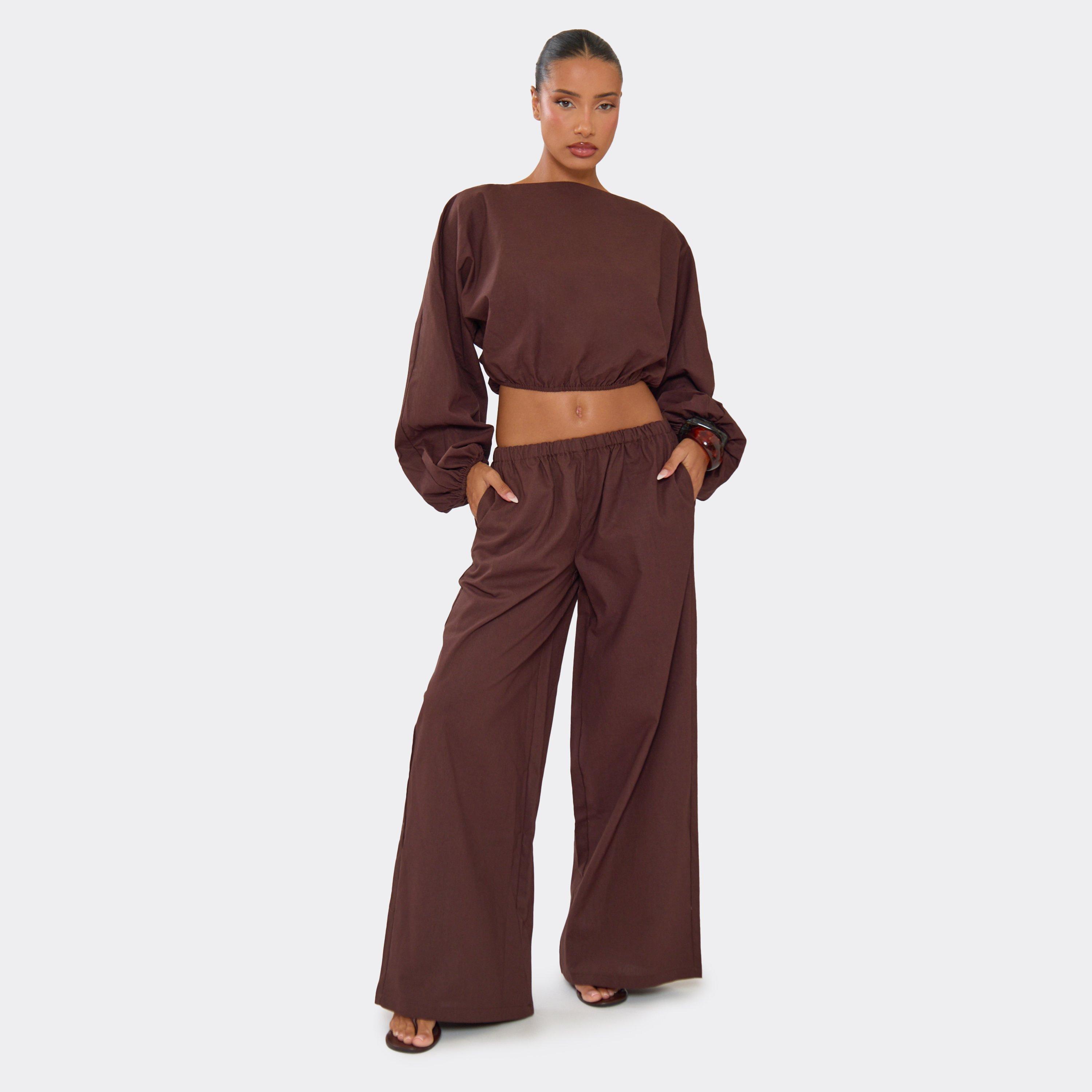 Image of Elasticated Waist Wide Leg Trousers In Brown Linen, Women's Size UK L