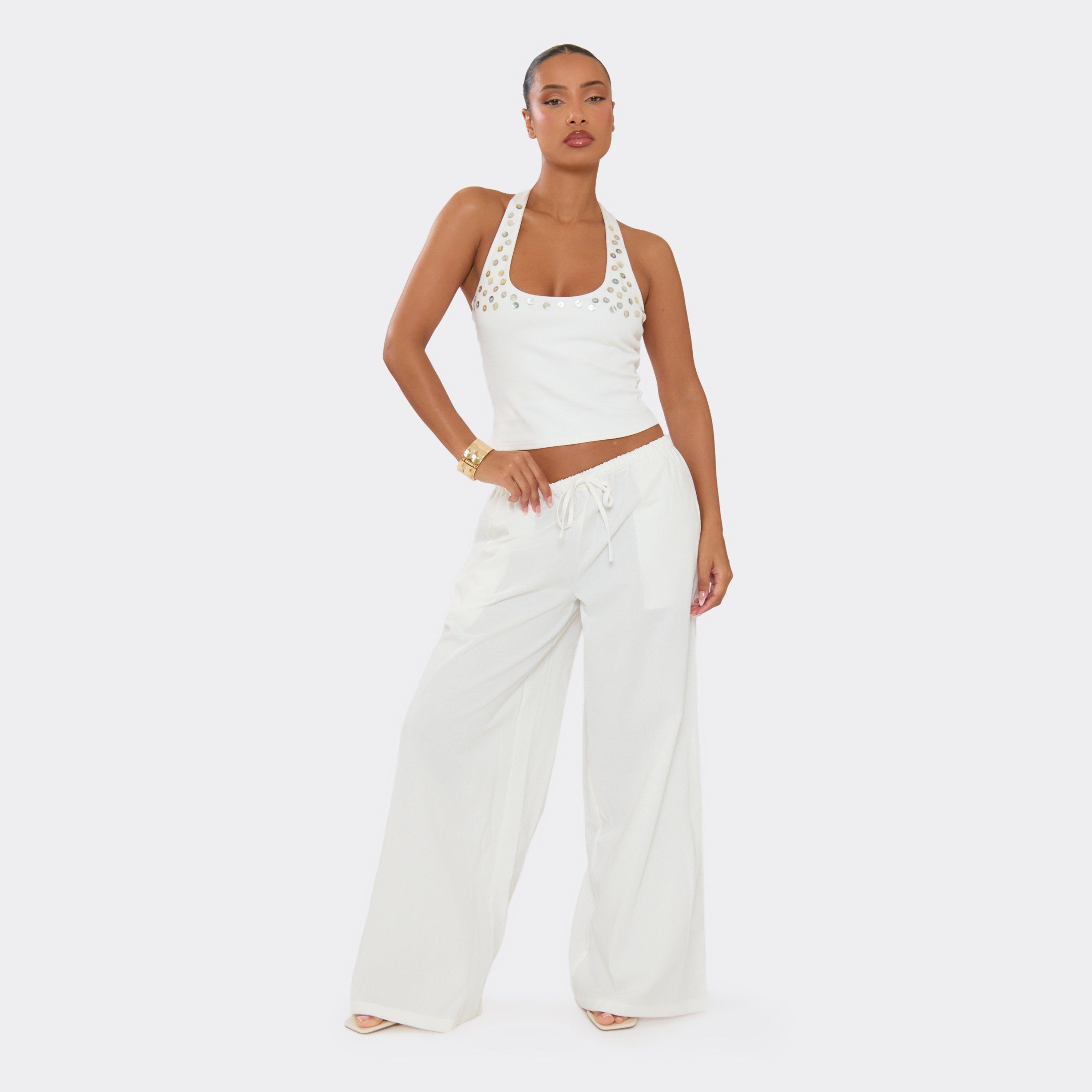 Image of Drawstring Waist Wide Leg Trousers In White Linen, Women's Size UK L