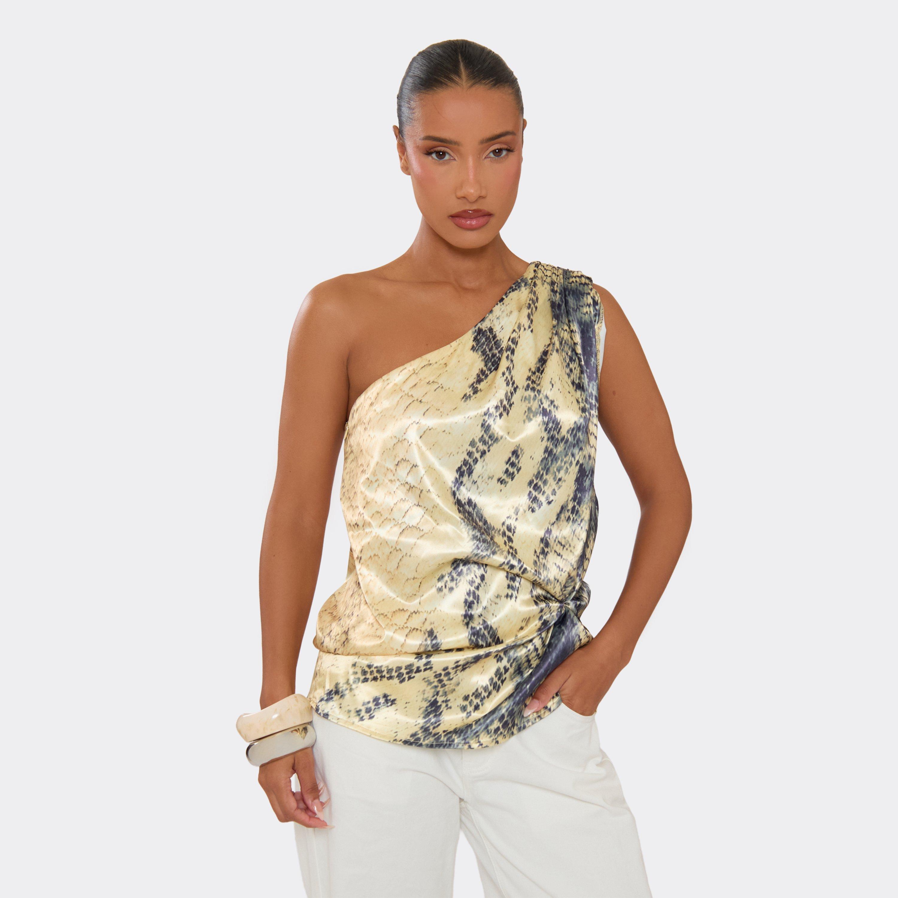 Image of One Shoulder Knotted Detail Top In Yellow Printed Satin, Women's