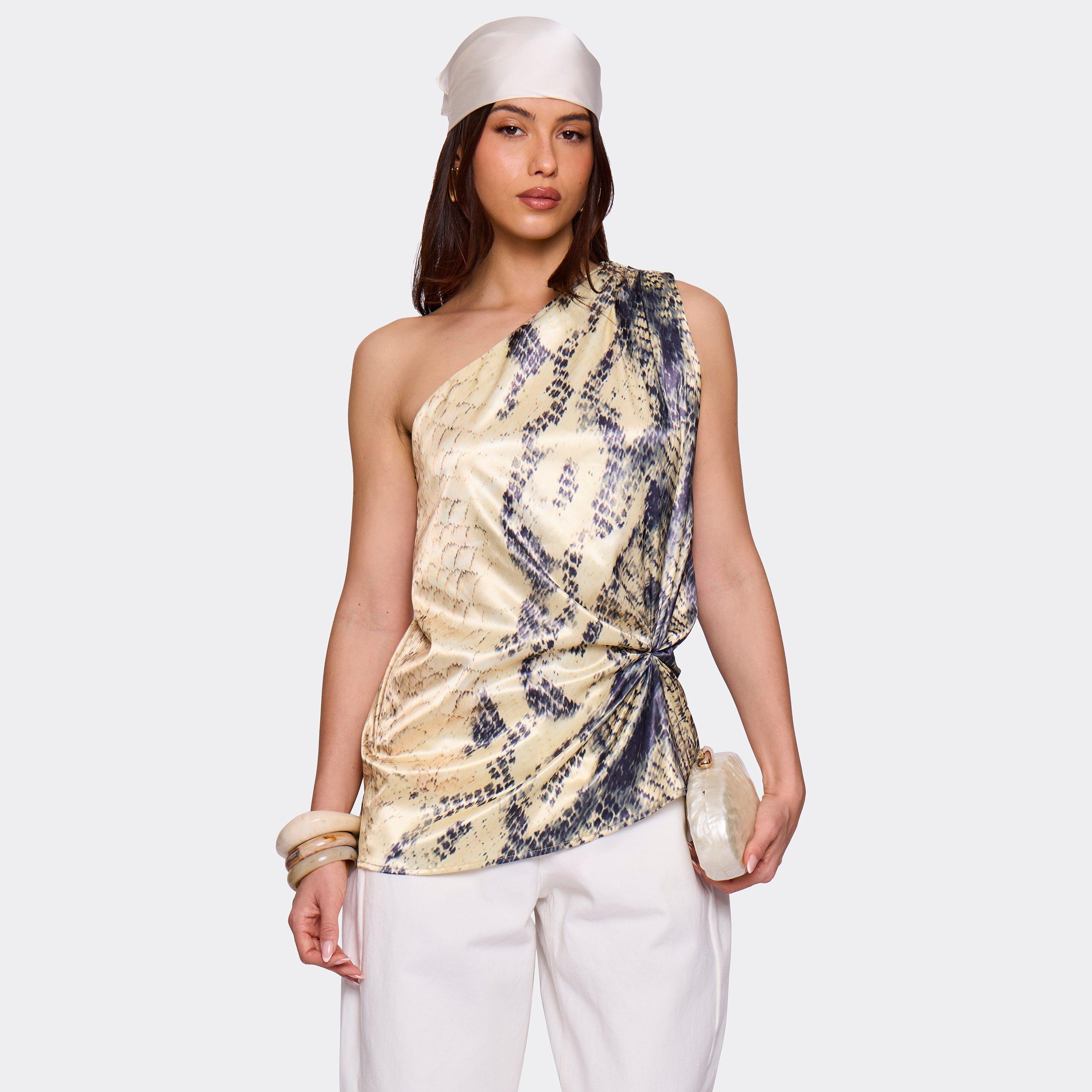 Image of One Shoulder Knotted Detail Top In Yellow Printed Satin, Women's