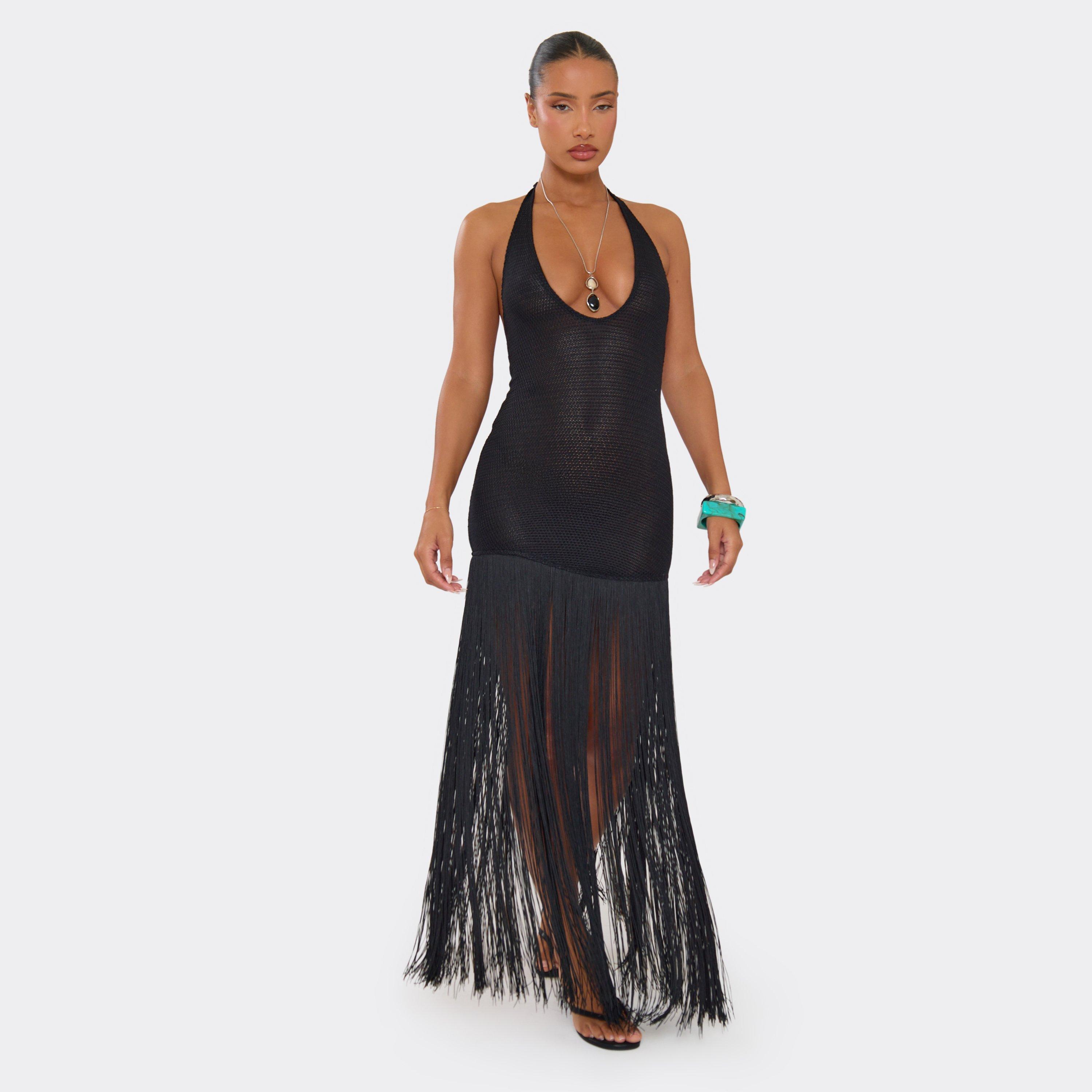Plunge Halterneck Fringed Hem Maxi Dress In Black Knit, Women’s