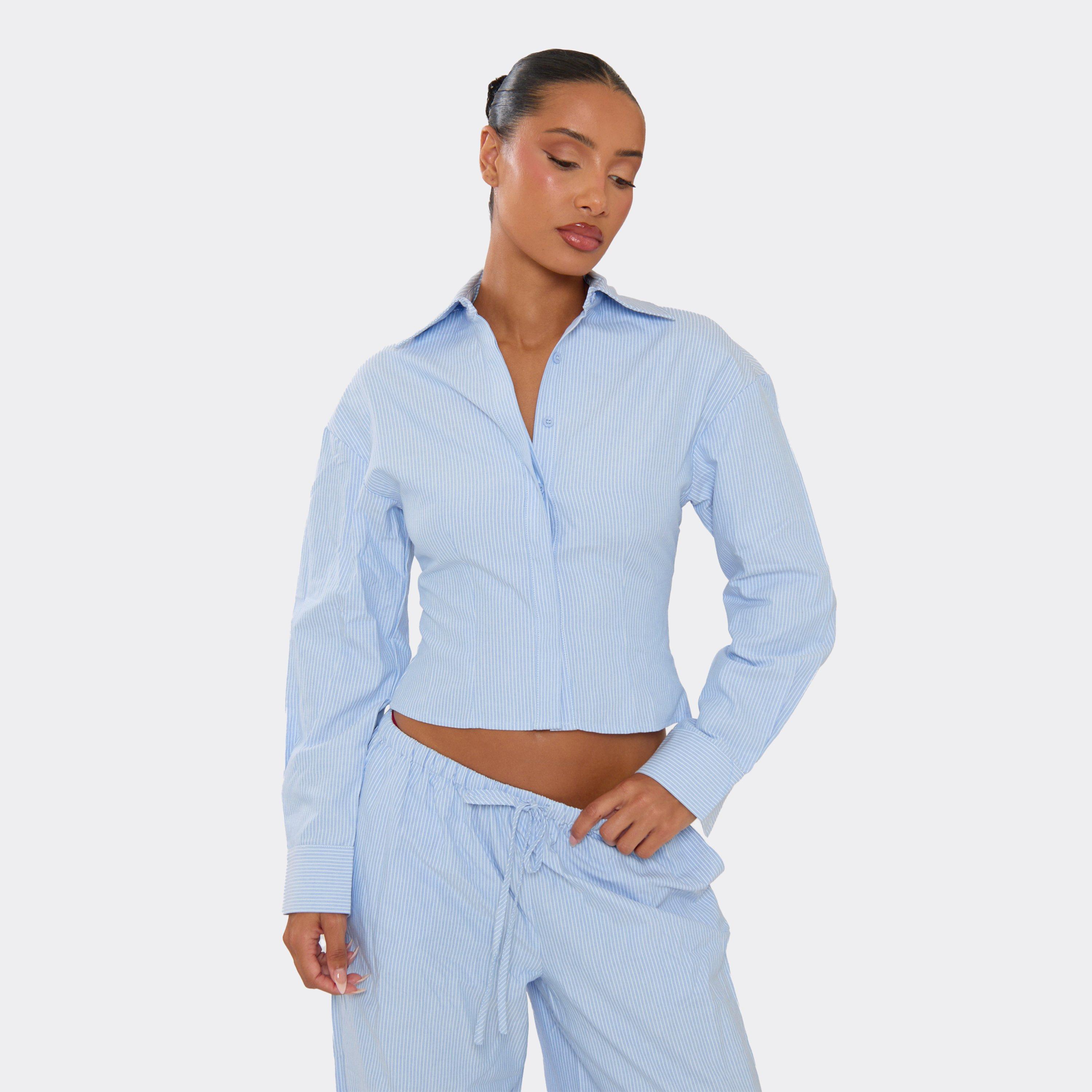 Image of Long Sleeve Button Up Front Cinched Waist Shirt In Blue Pinstripe, Women's
