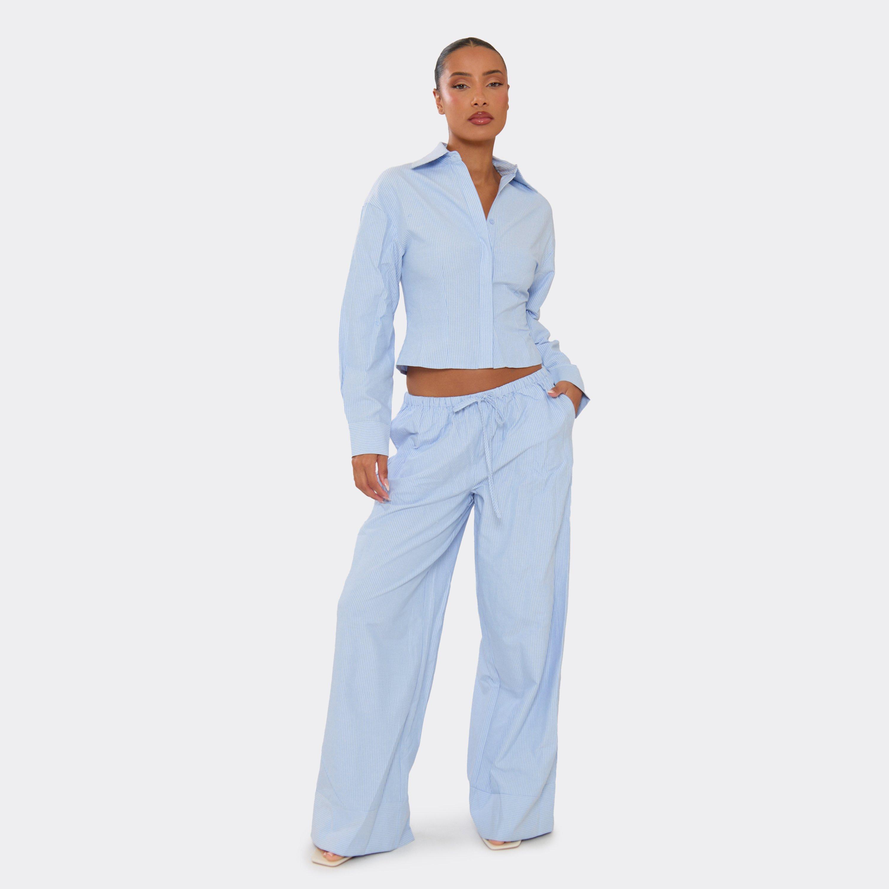 Image of Drawstring Waist Wide Leg Trousers In Blue Pinstripe, Women's
