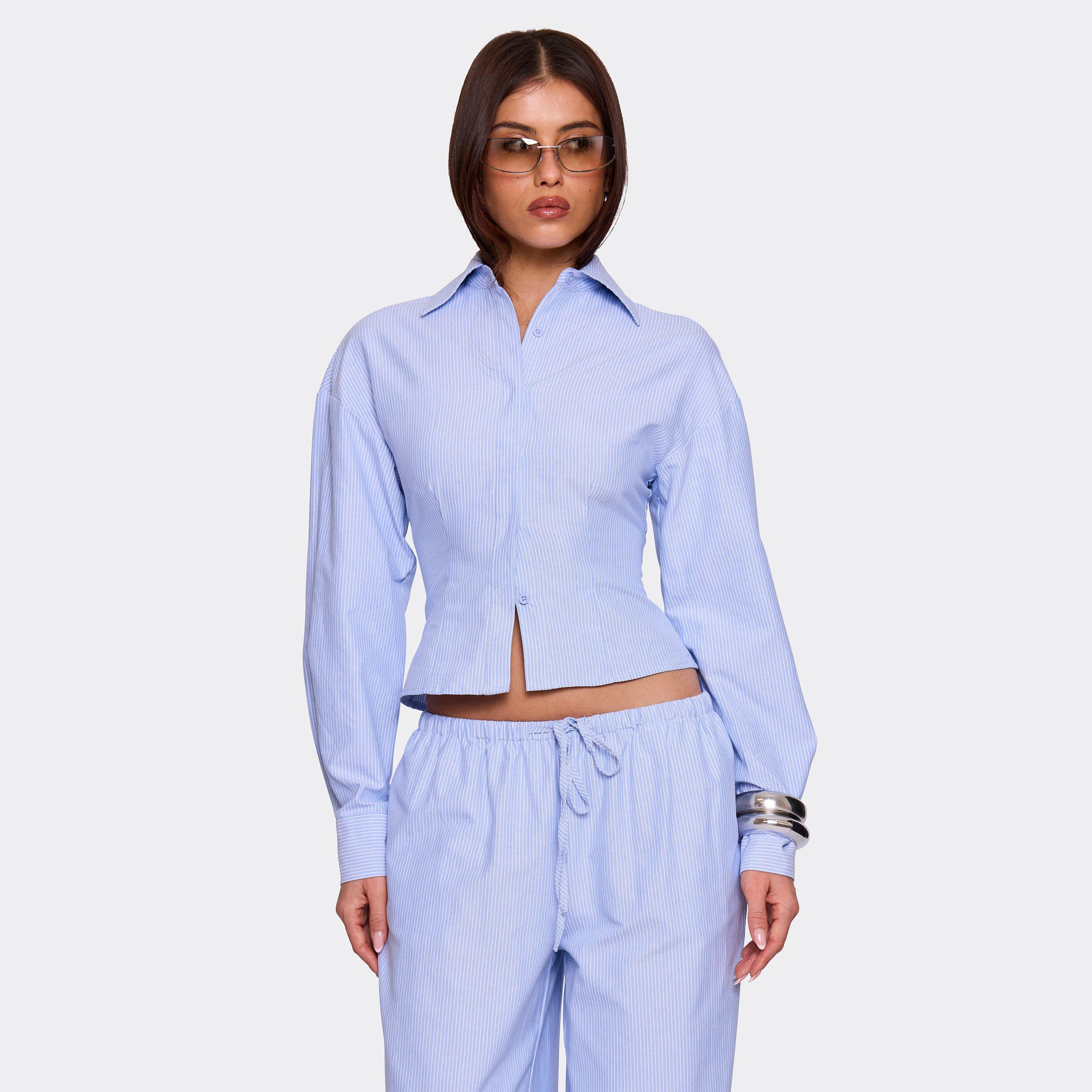 Image of Long Sleeve Button Up Front Cinched Waist Shirt In Blue Pinstripe, Women's