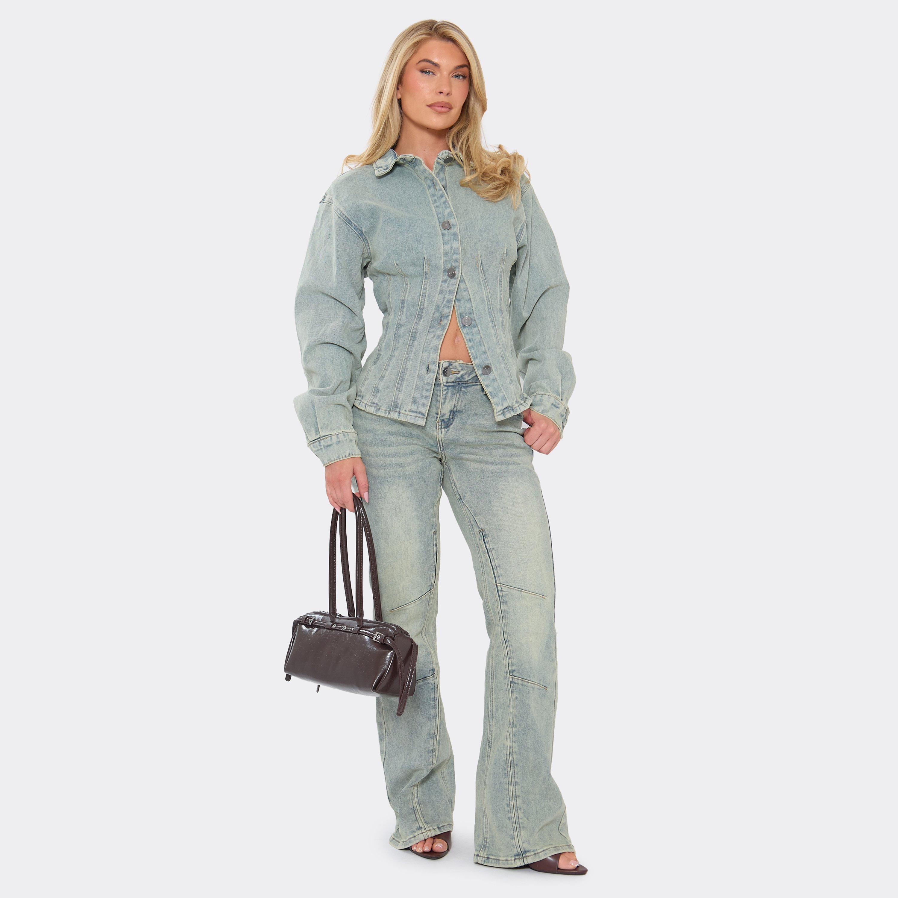 Image of Low Waist Flared Leg Jeans In Blue Washed Denim, Women's