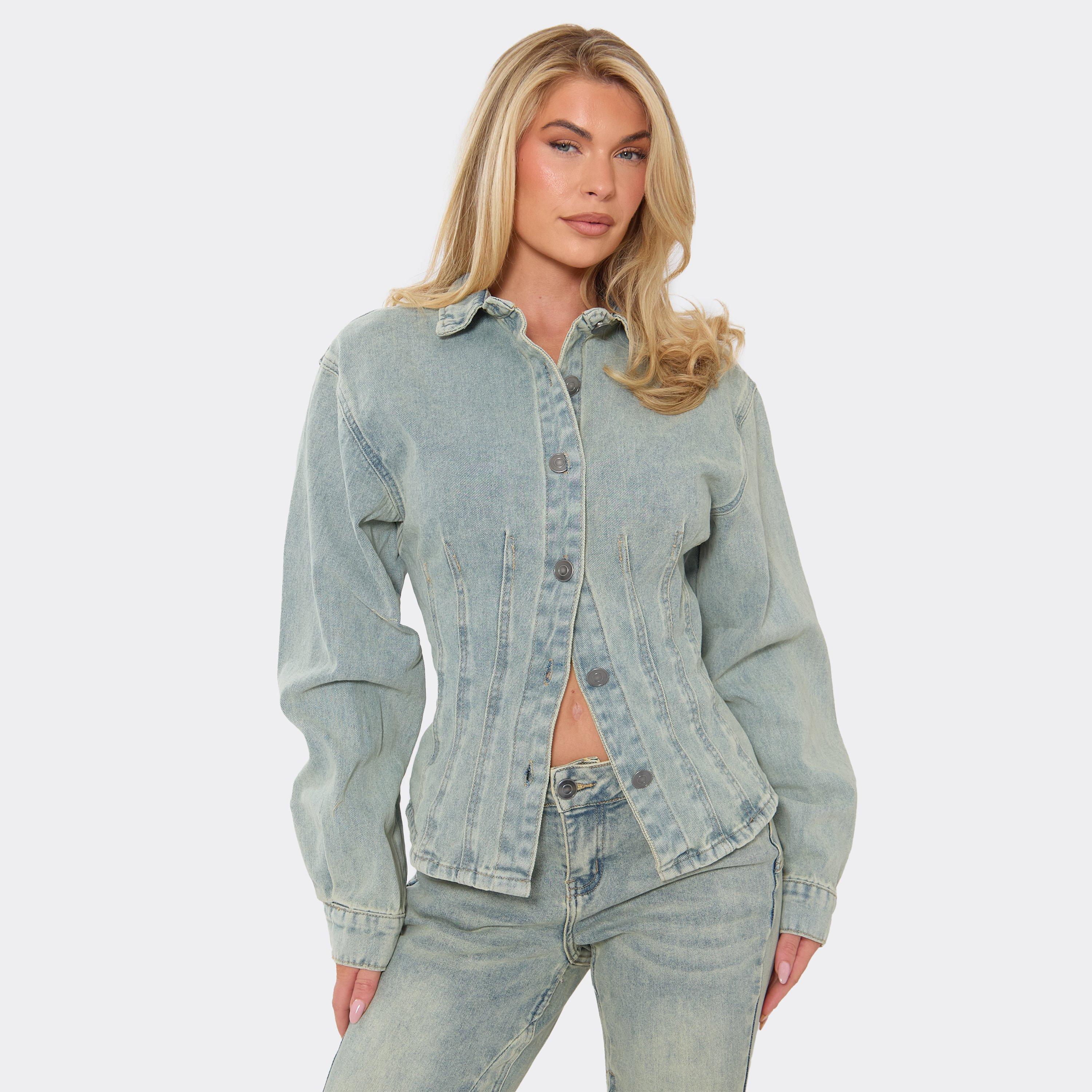 Long Sleeve Button Up Front Seam Detail Jacket In Blue Washed Denim, Women's Size UK 8