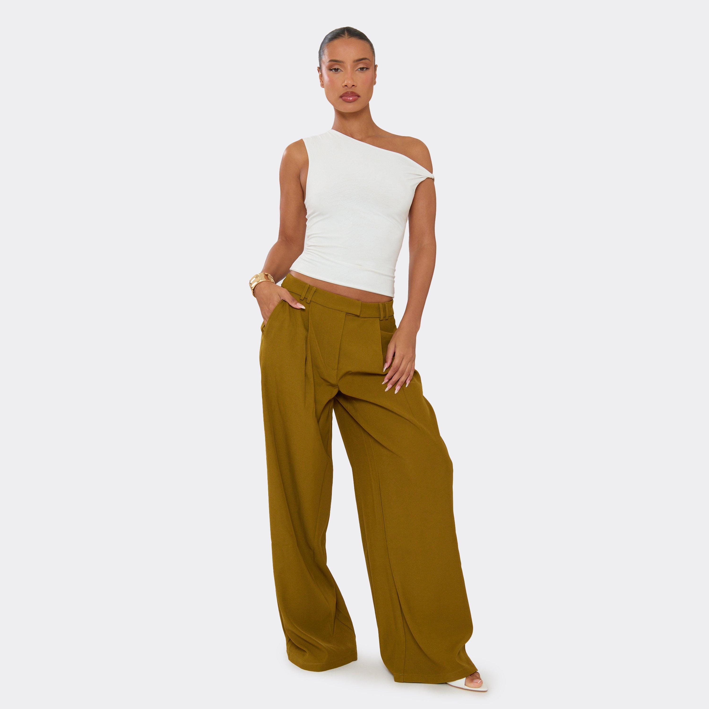 Image of Belt Loop Pleated Front Wide Leg Trousers In Olive Green, Women's