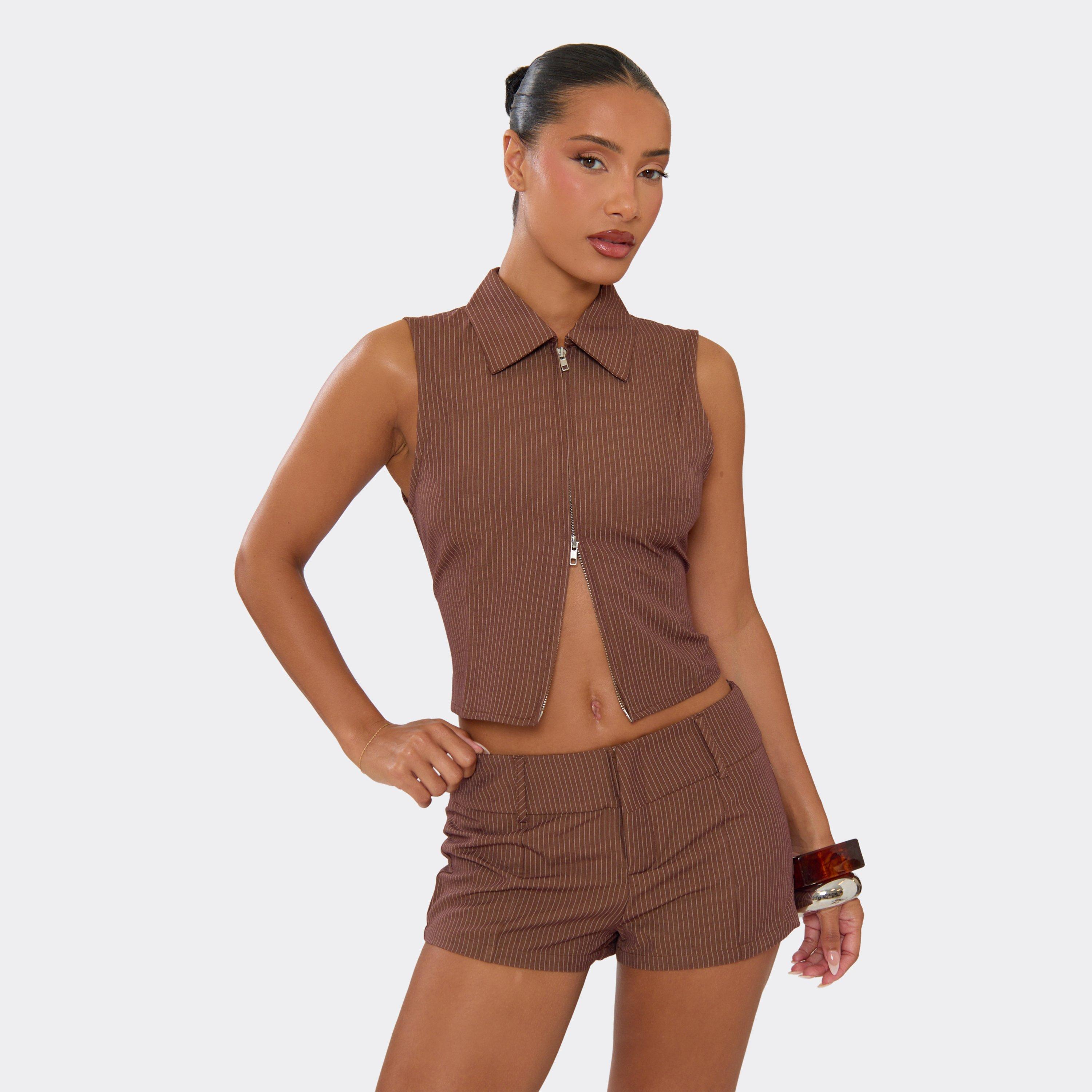 Image of Sleeveless Zip Up Front Collared Top In Brown Pinstripe, Women's