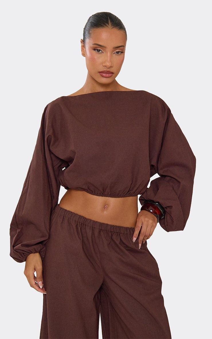 Long Balloon Sleeve Crop Top In Brown Linen | EGO US | EGO