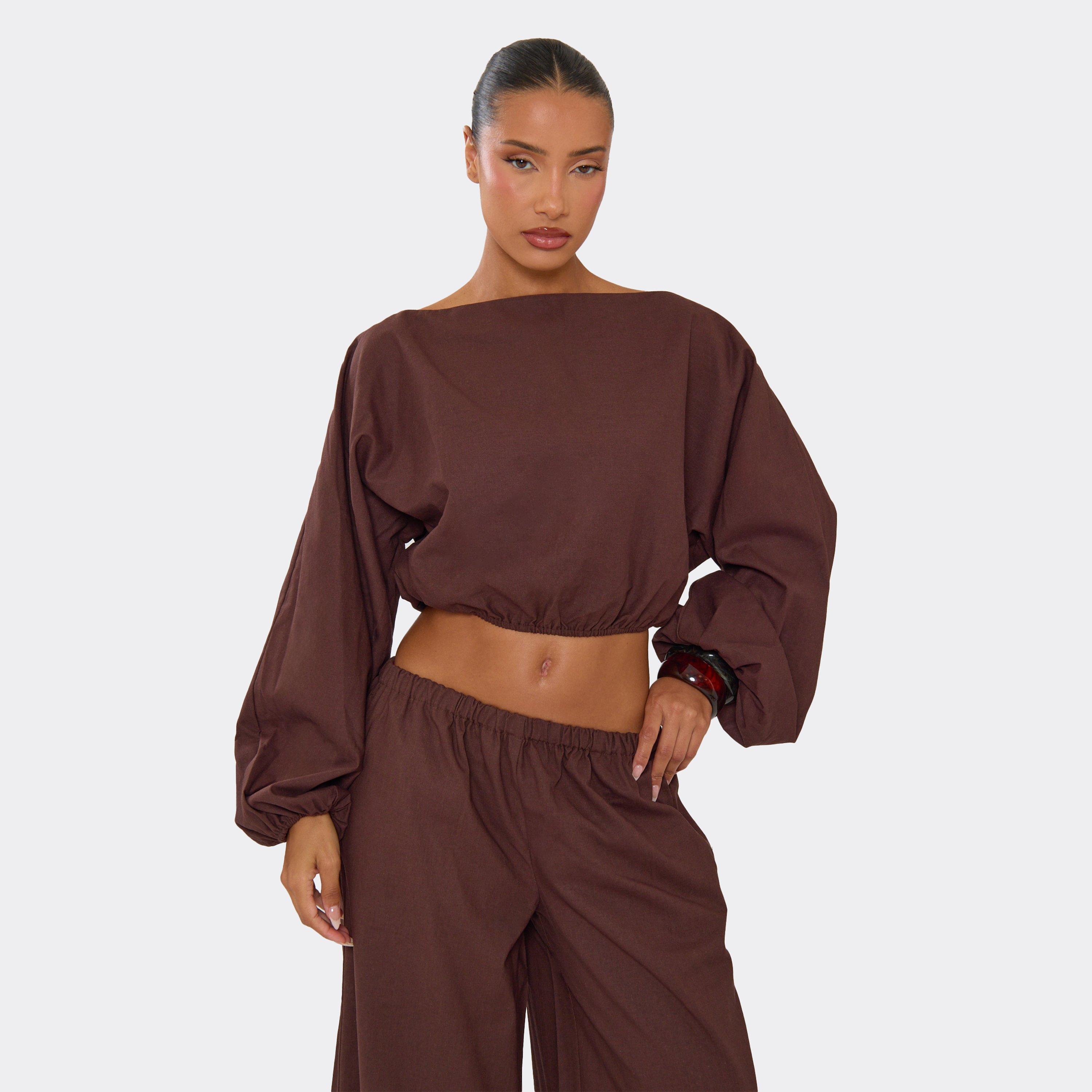 Image of Long Balloon Sleeve Crop Top In Brown Linen, Women's Size UK L