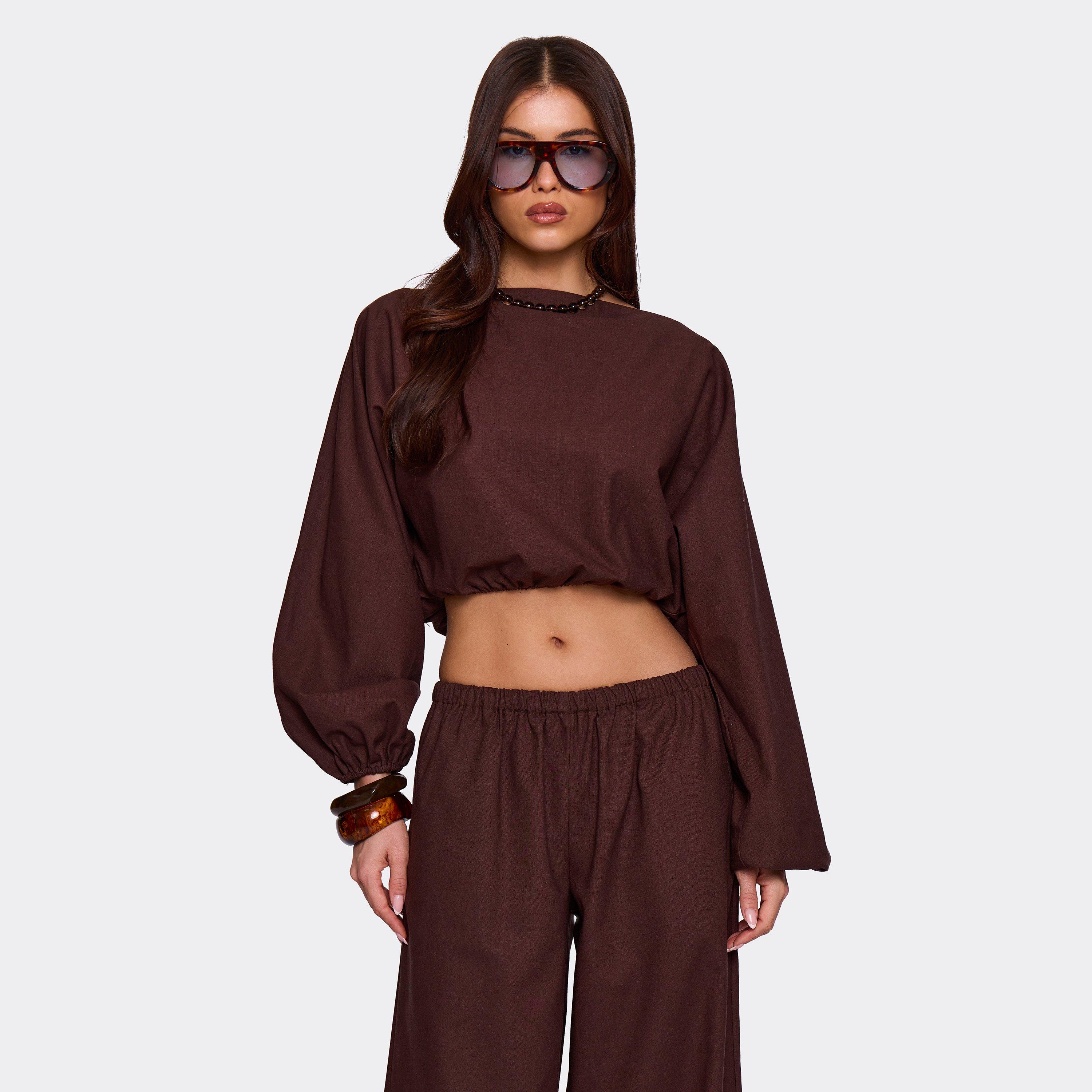 Image of Long Balloon Sleeve Crop Top In Brown Linen, Women's Size UK L