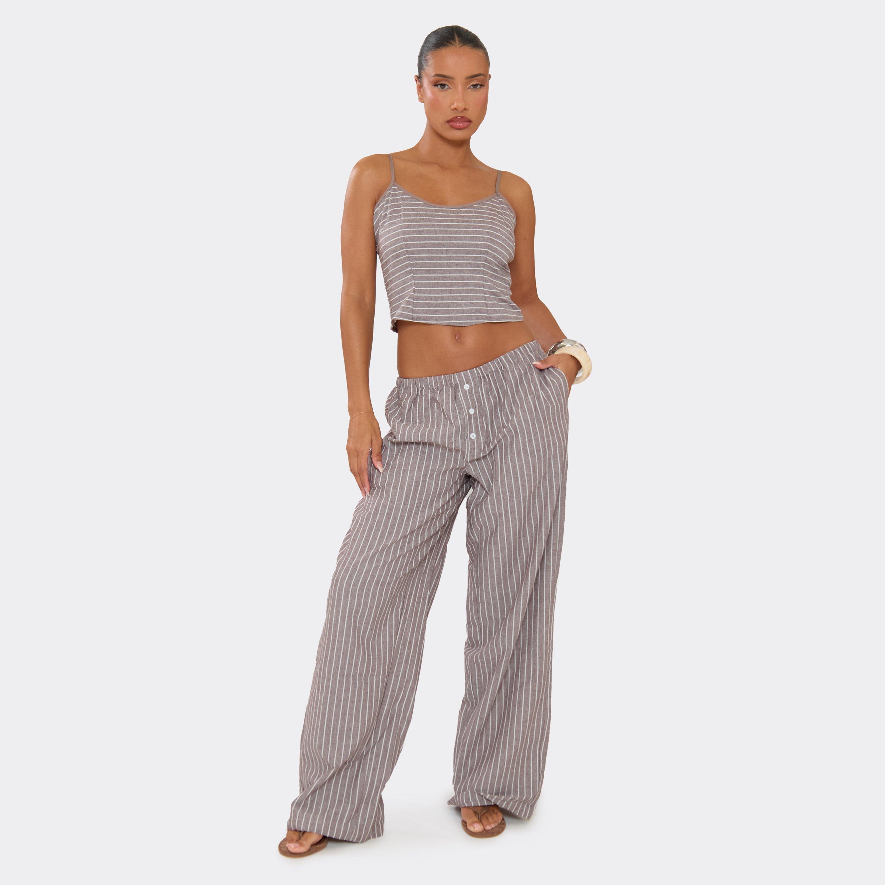 Image of Popper Button Front Wide Leg Trousers In Brown Pinstripe, Women's Size UK L